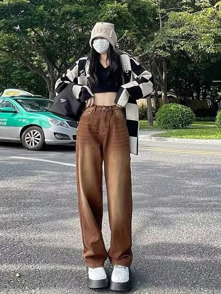 deanwangkt European And American Retro Brown Jeans Women's Spring And Autumn High-waisted Straight-leg Loose And Thin Wide-leg Pants