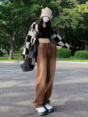 deanwangkt European And American Retro Brown Jeans Women's Spring And Autumn High-waisted Straight-leg Loose And Thin Wide-leg Pants