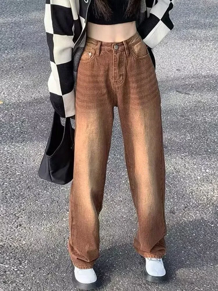 deanwangkt European And American Retro Brown Jeans Women's Spring And Autumn High-waisted Straight-leg Loose And Thin Wide-leg Pants