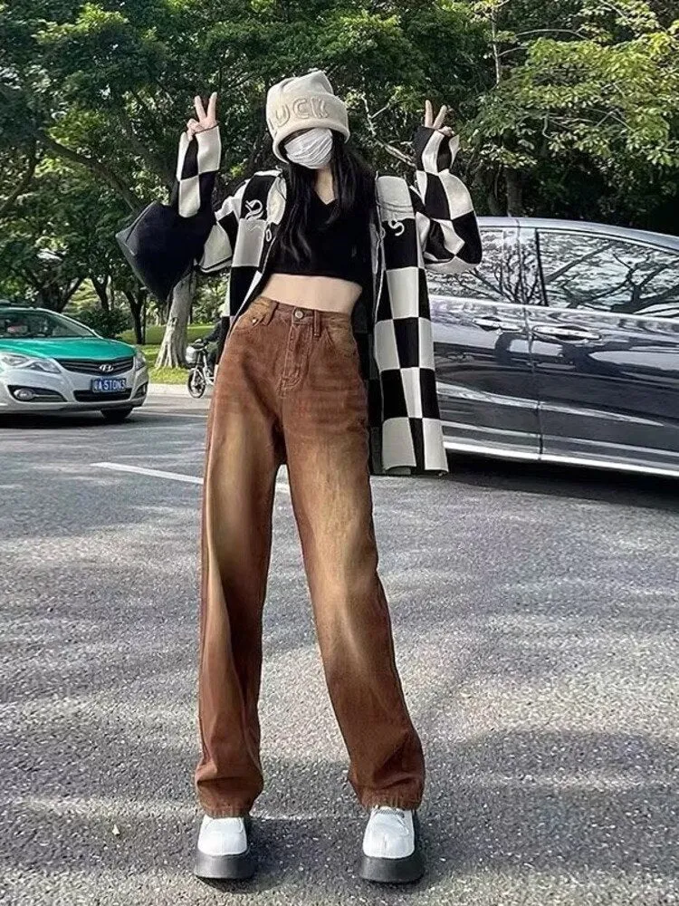 deanwangkt European And American Retro Brown Jeans Women's Spring And Autumn High-waisted Straight-leg Loose And Thin Wide-leg Pants