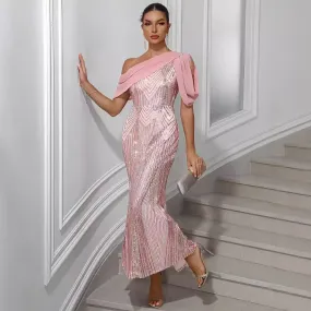 European And American Style Dress One-shoulder Chiffon Stitching Sequined Dress