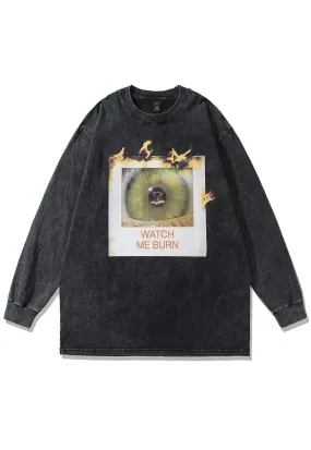 Flame print t-shirt grunge eye long sleeve tee in acid black