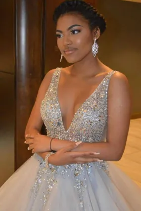 Gorgeous Spaghetti Strap Rhinestone Sleeveless Ball Gown Prom Dresses