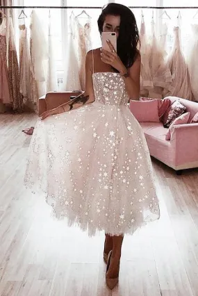 Ivory Spaghetti Strap Tea Length Starry Tulle Homecoming Party Dress