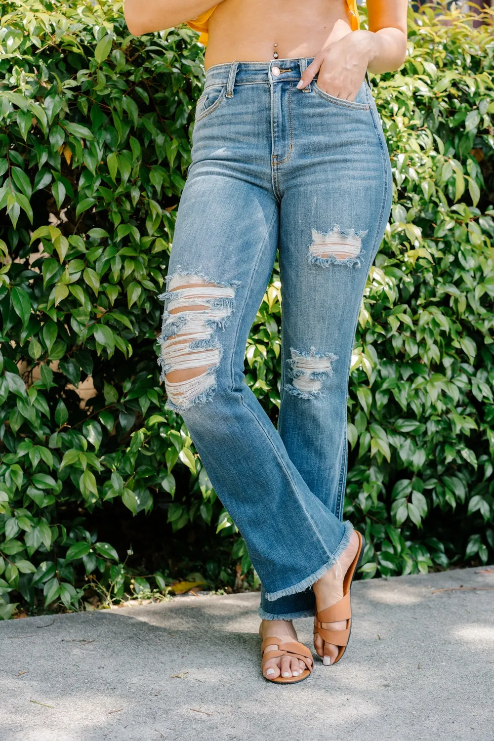 Jessica High Rise Ripped Hem Bootcut Jeans
