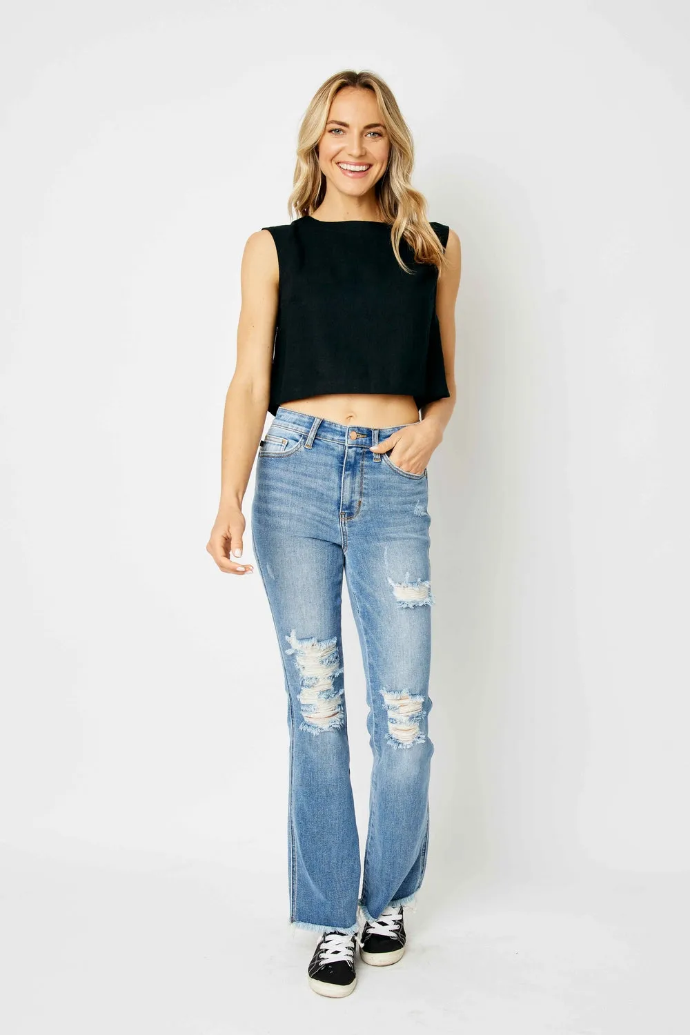 Jessica High Rise Ripped Hem Bootcut Jeans