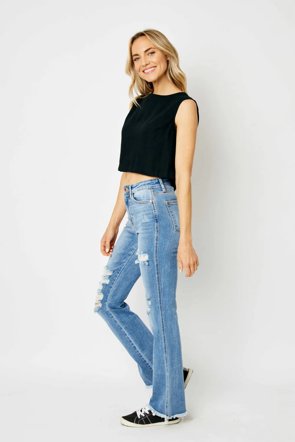 Jessica High Rise Ripped Hem Bootcut Jeans