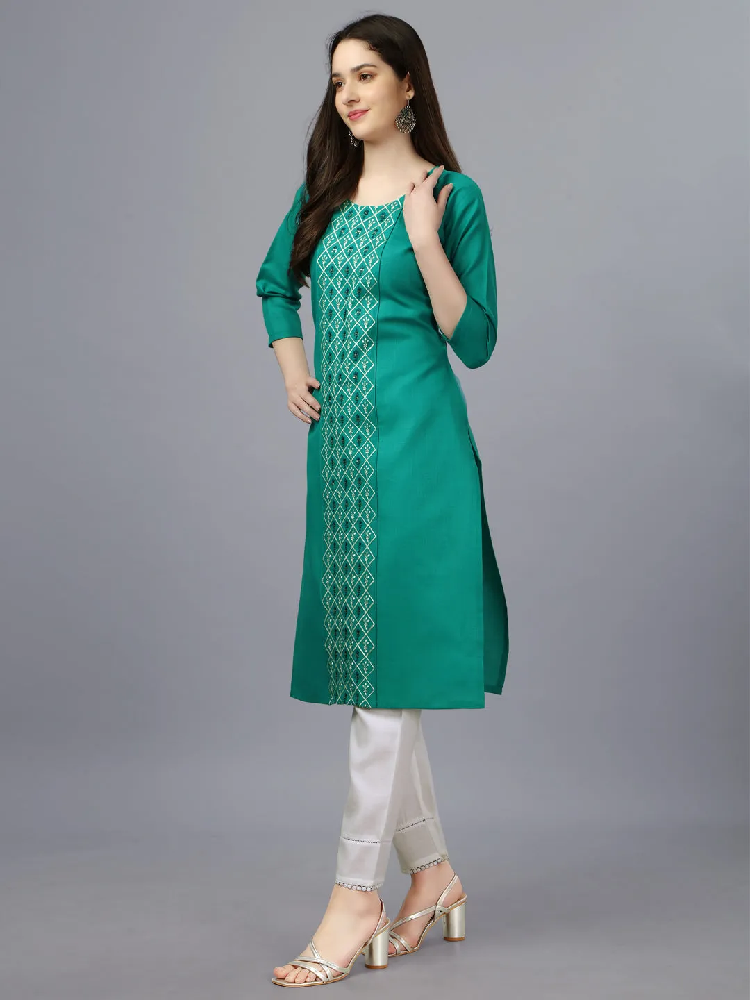 Light Green Heavy Cotton Magic Slub With Casual Embroidery Kurti