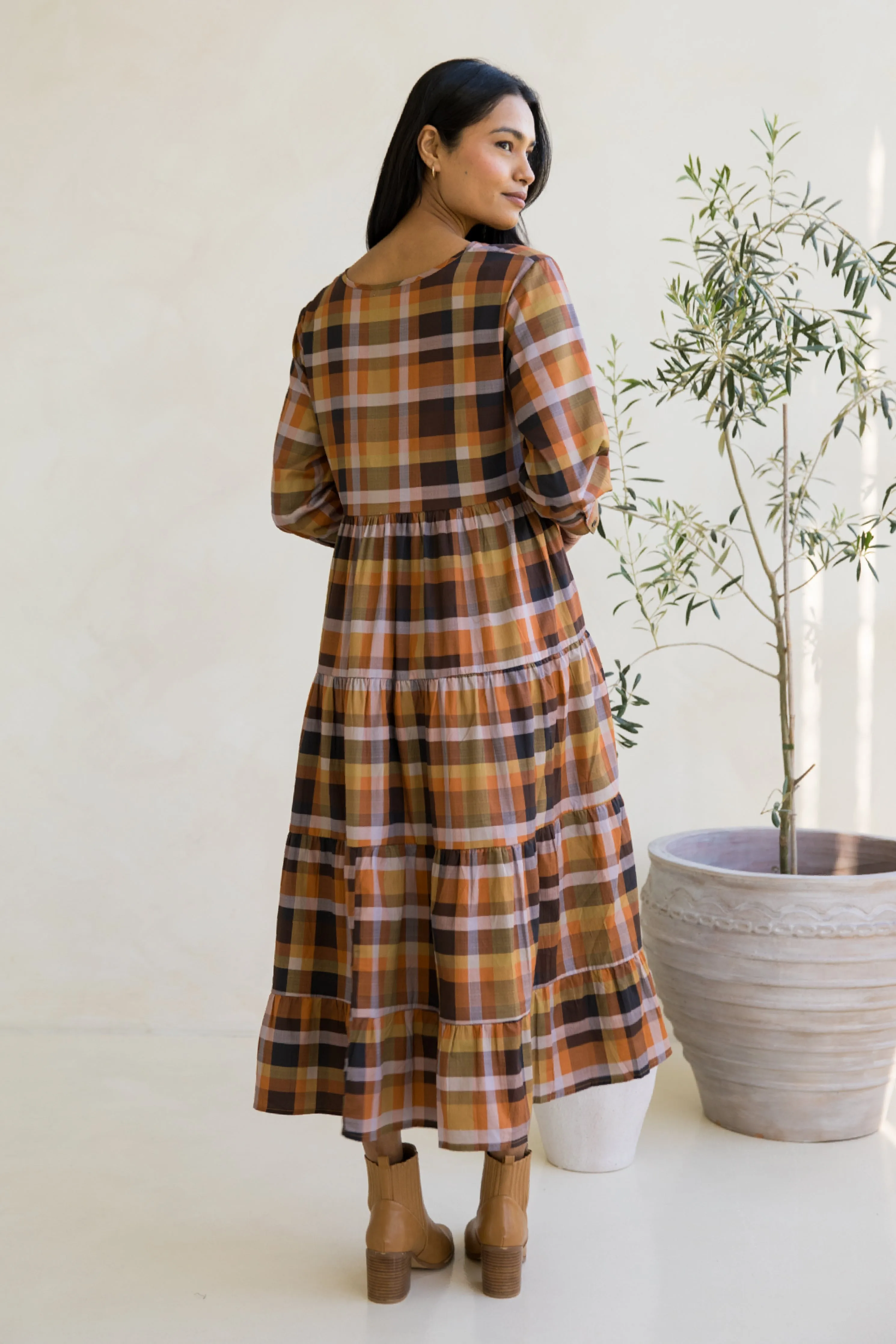 Long Sleeve Waterfall Dress in Fall Check