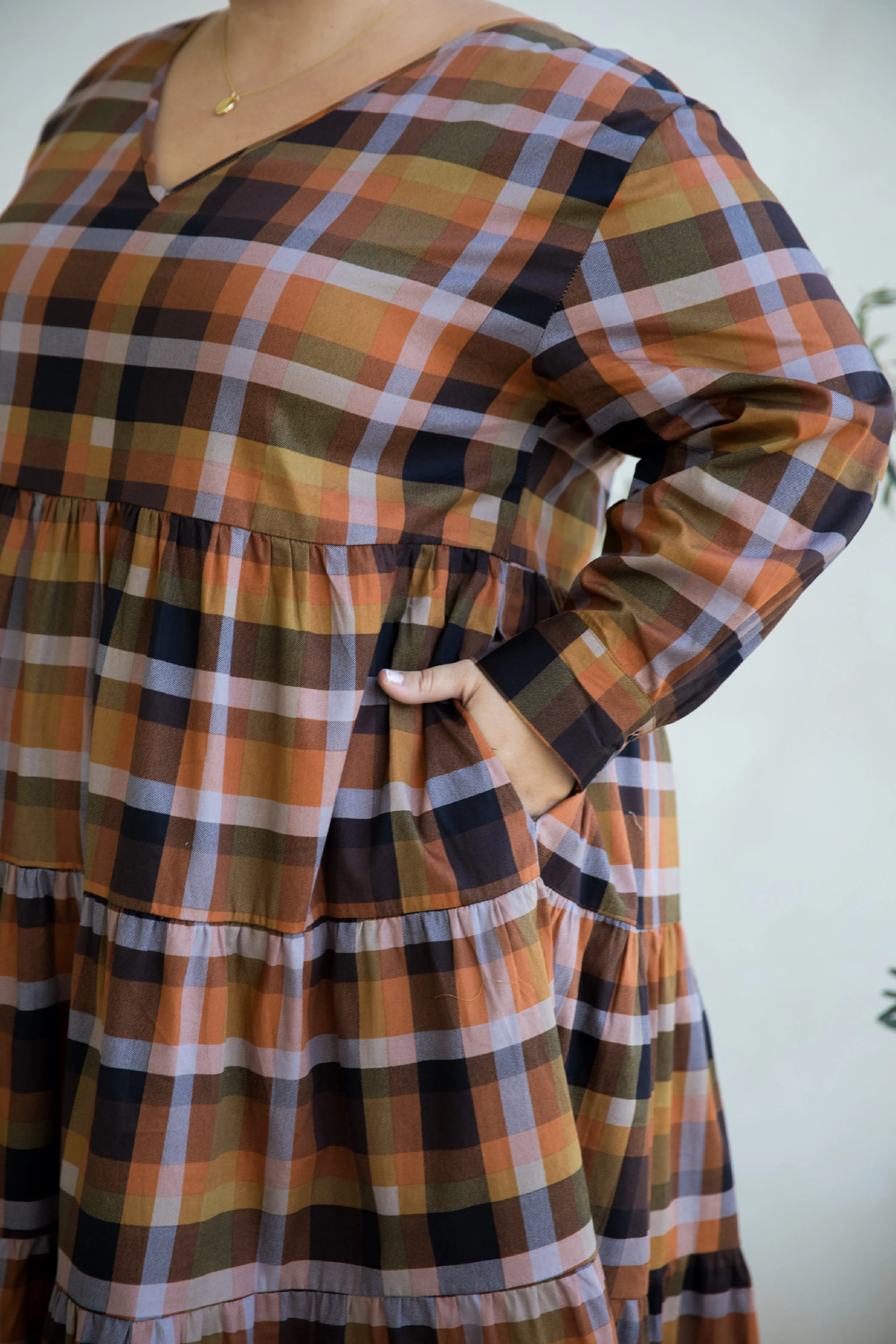 Long Sleeve Waterfall Dress in Fall Check