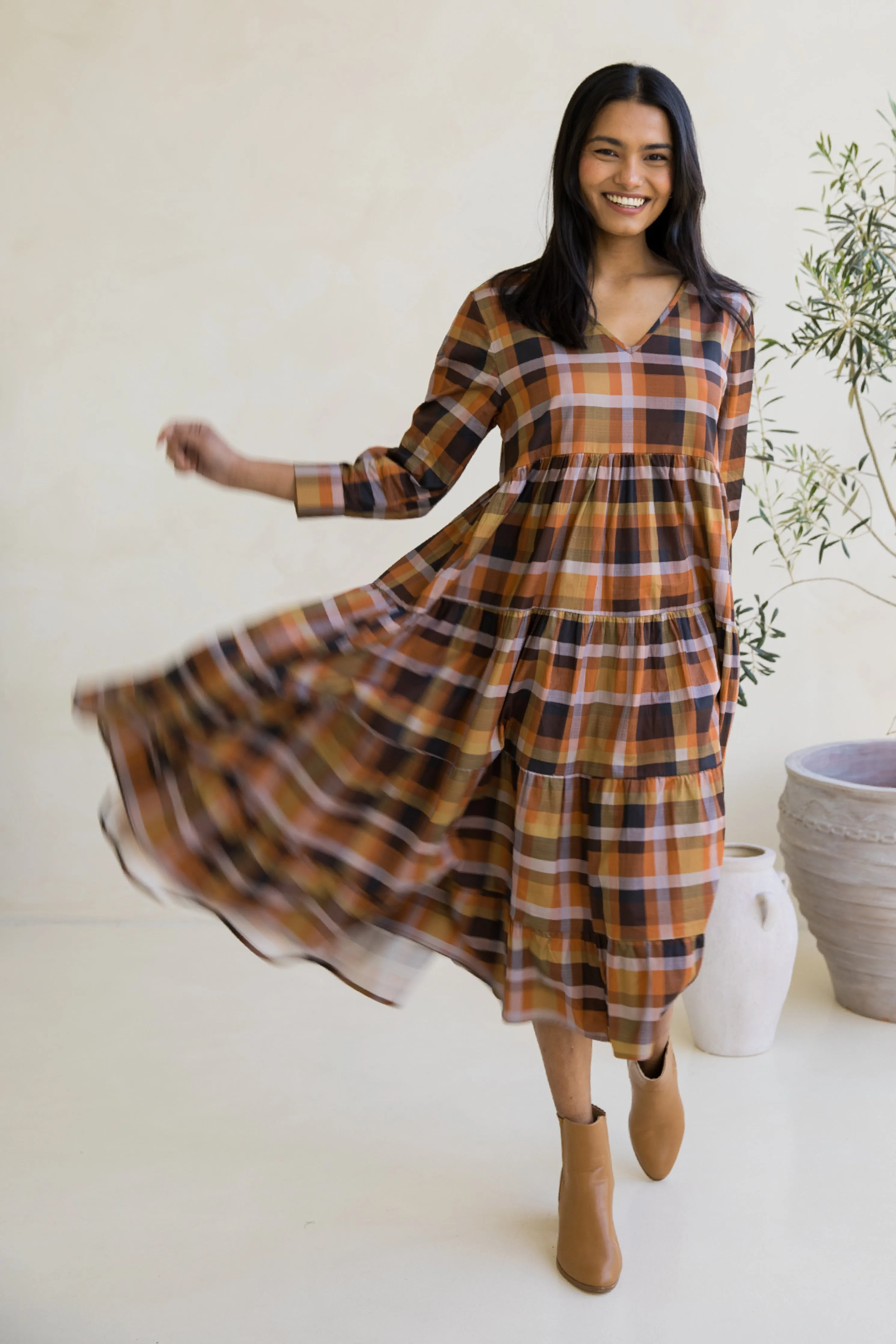 Long Sleeve Waterfall Dress in Fall Check