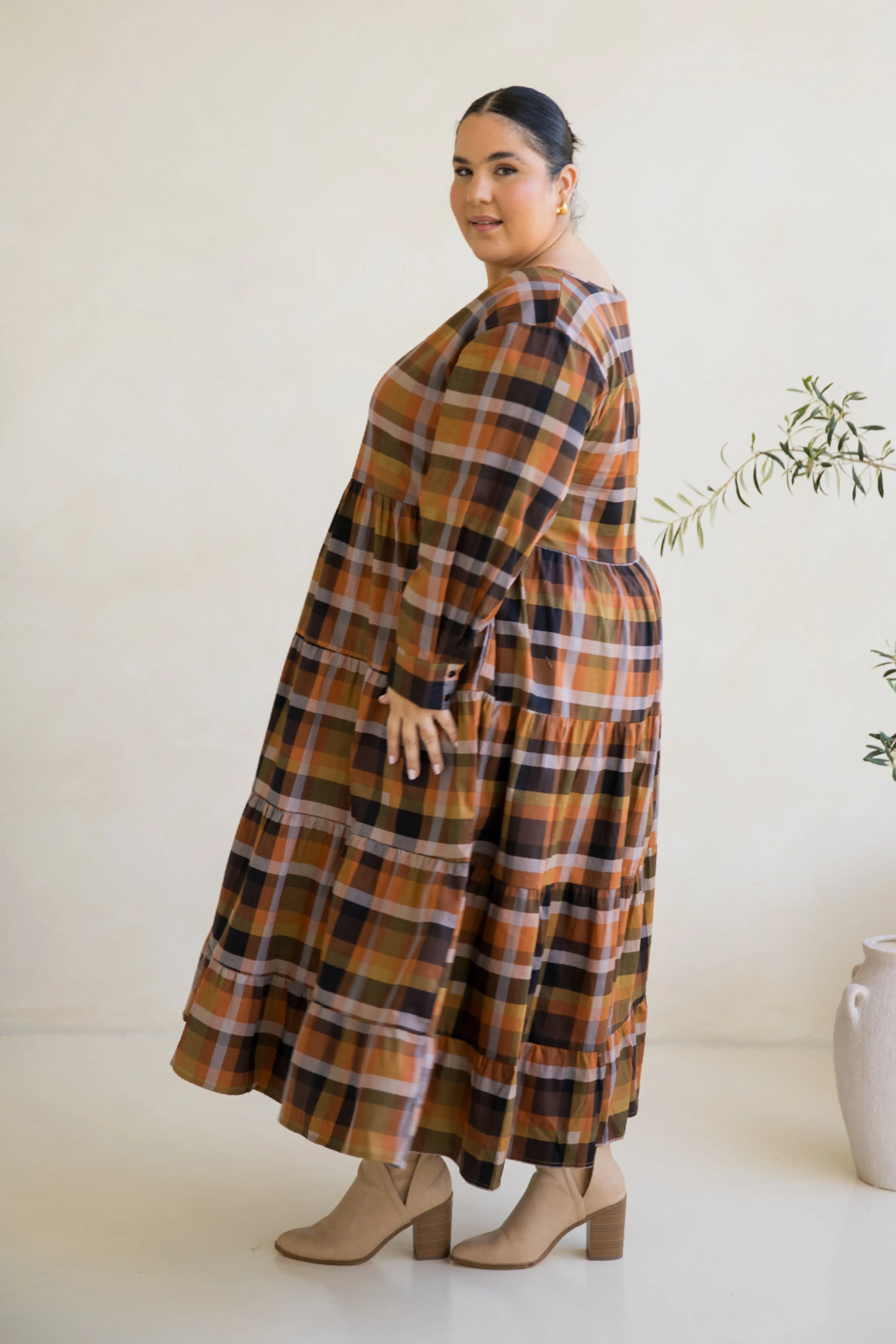 Long Sleeve Waterfall Dress in Fall Check