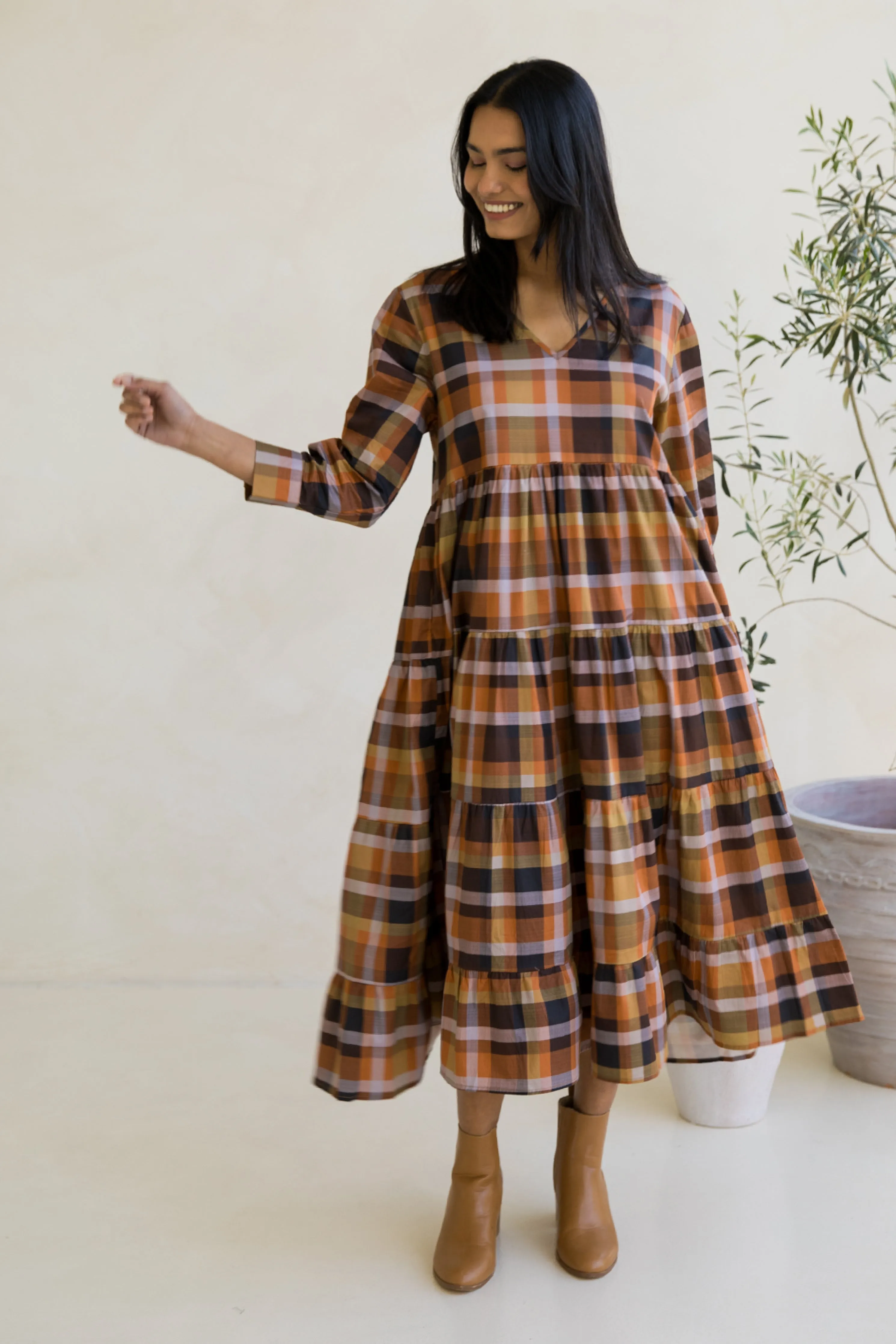 Long Sleeve Waterfall Dress in Fall Check