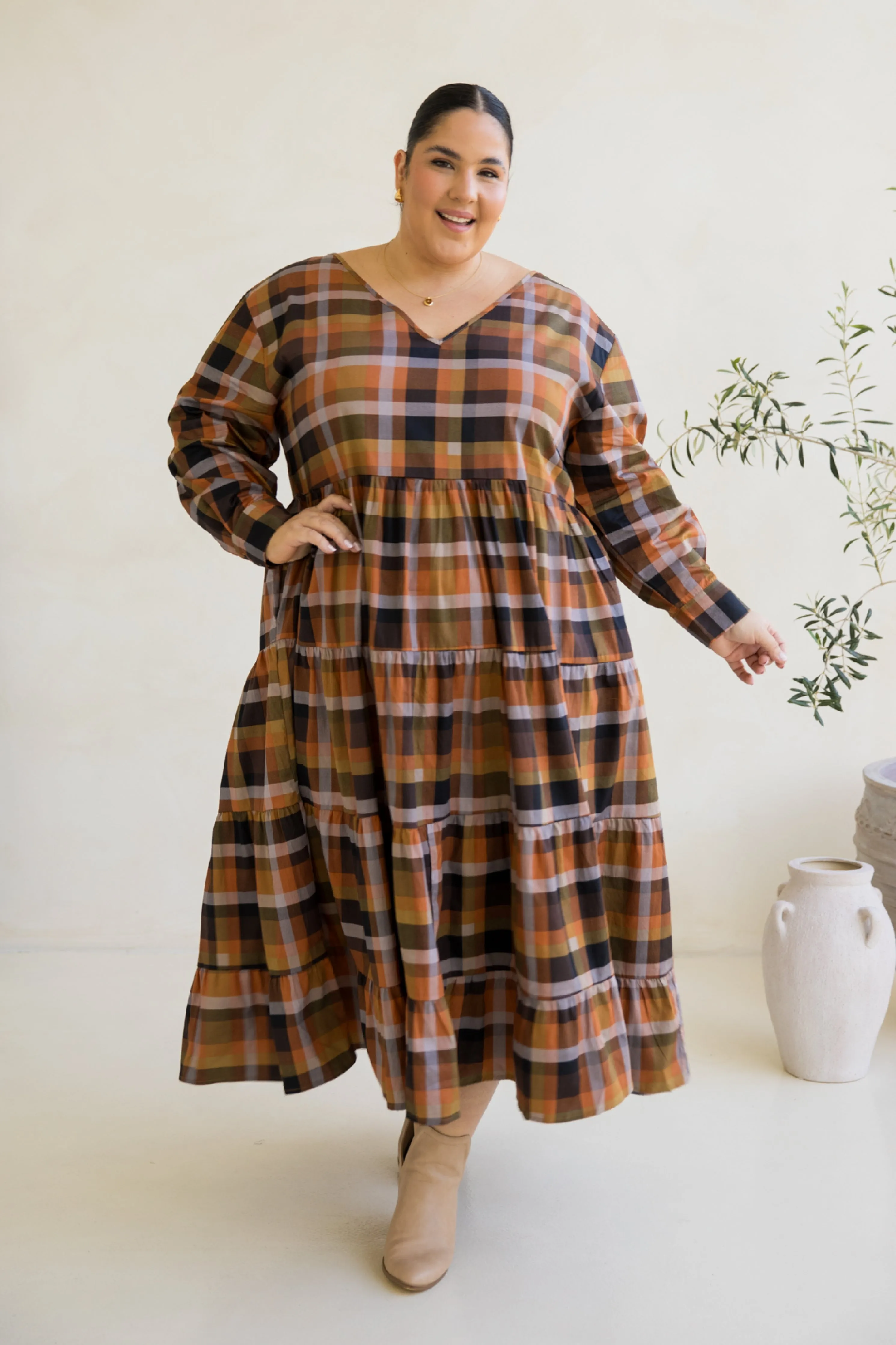 Long Sleeve Waterfall Dress in Fall Check