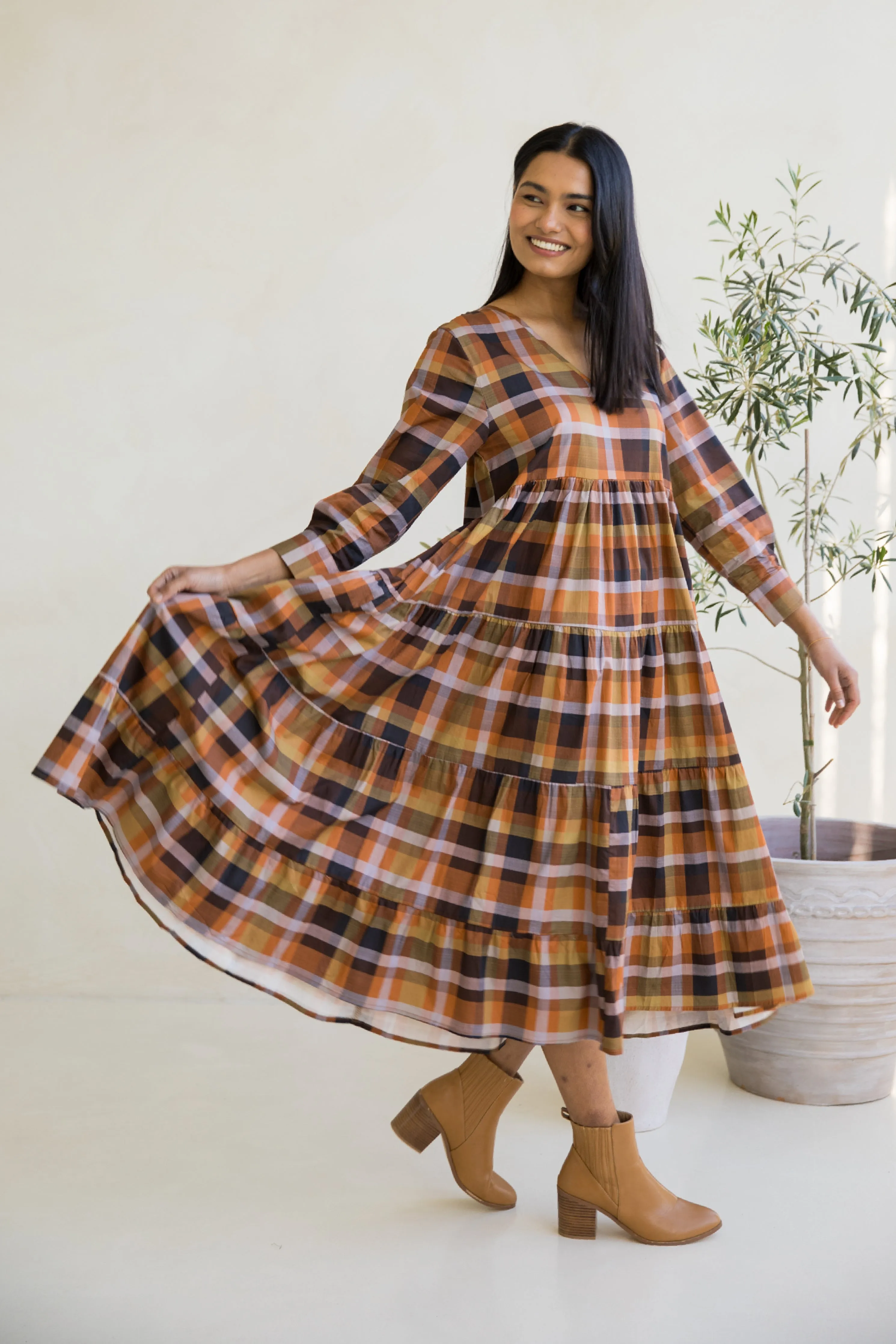 Long Sleeve Waterfall Dress in Fall Check
