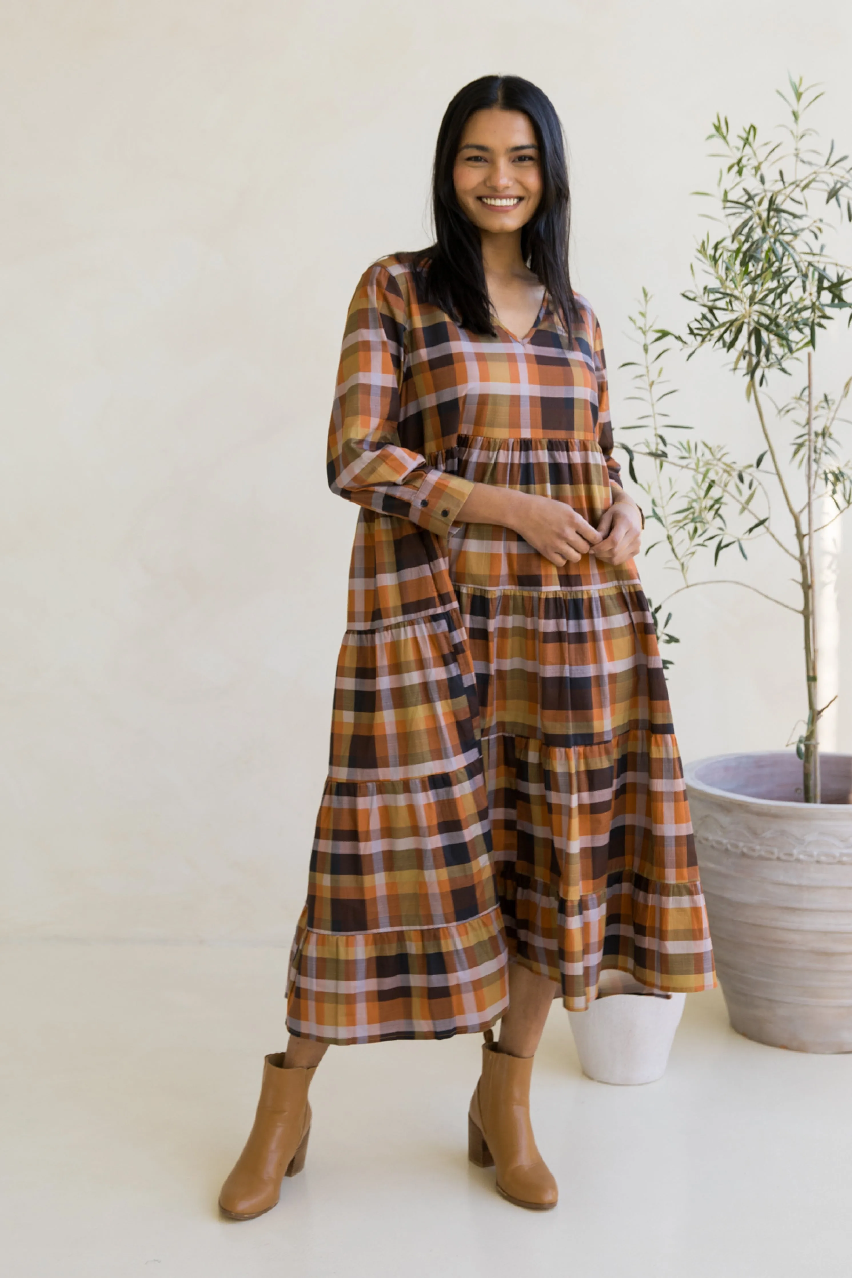 Long Sleeve Waterfall Dress in Fall Check