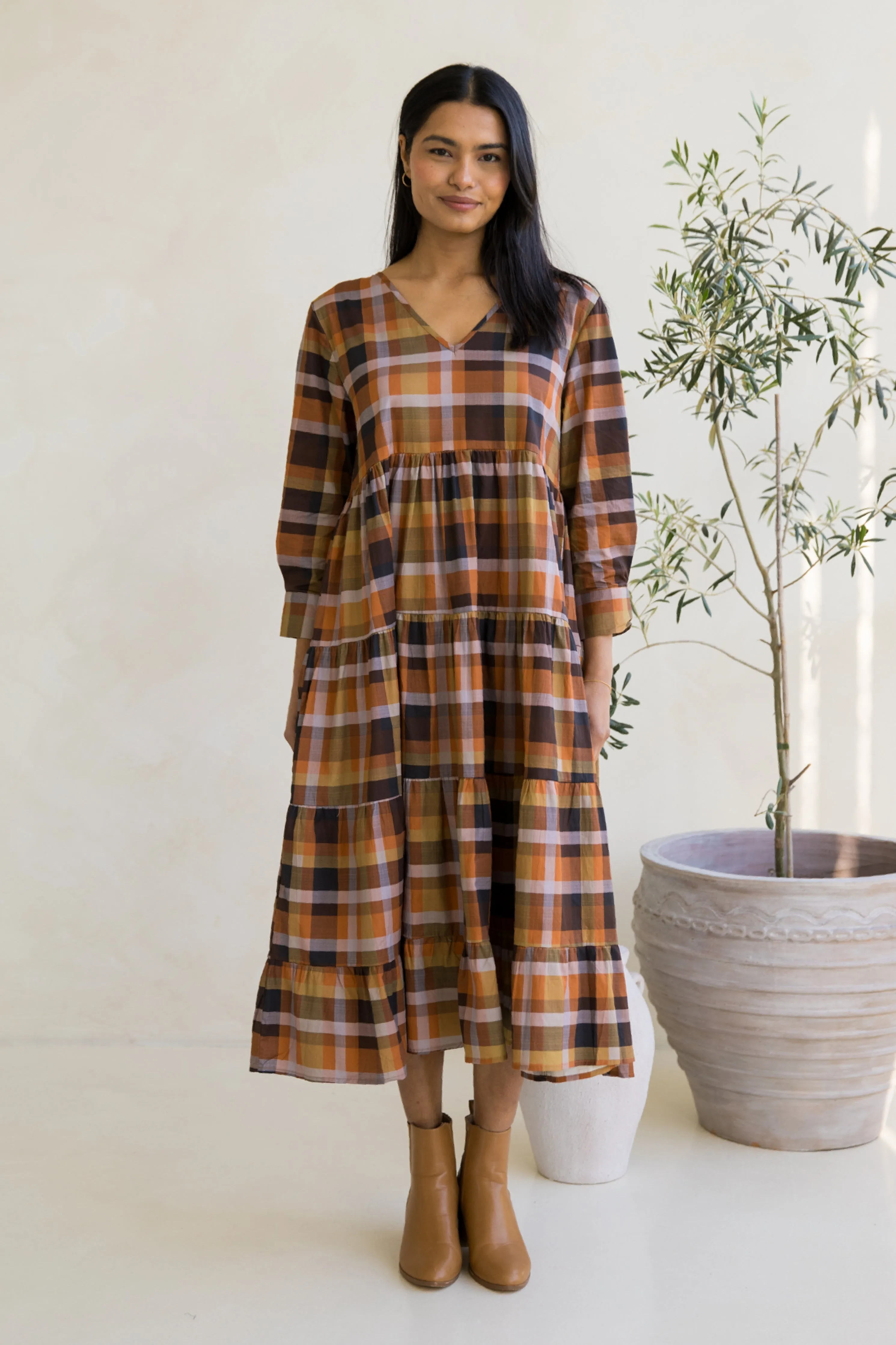 Long Sleeve Waterfall Dress in Fall Check