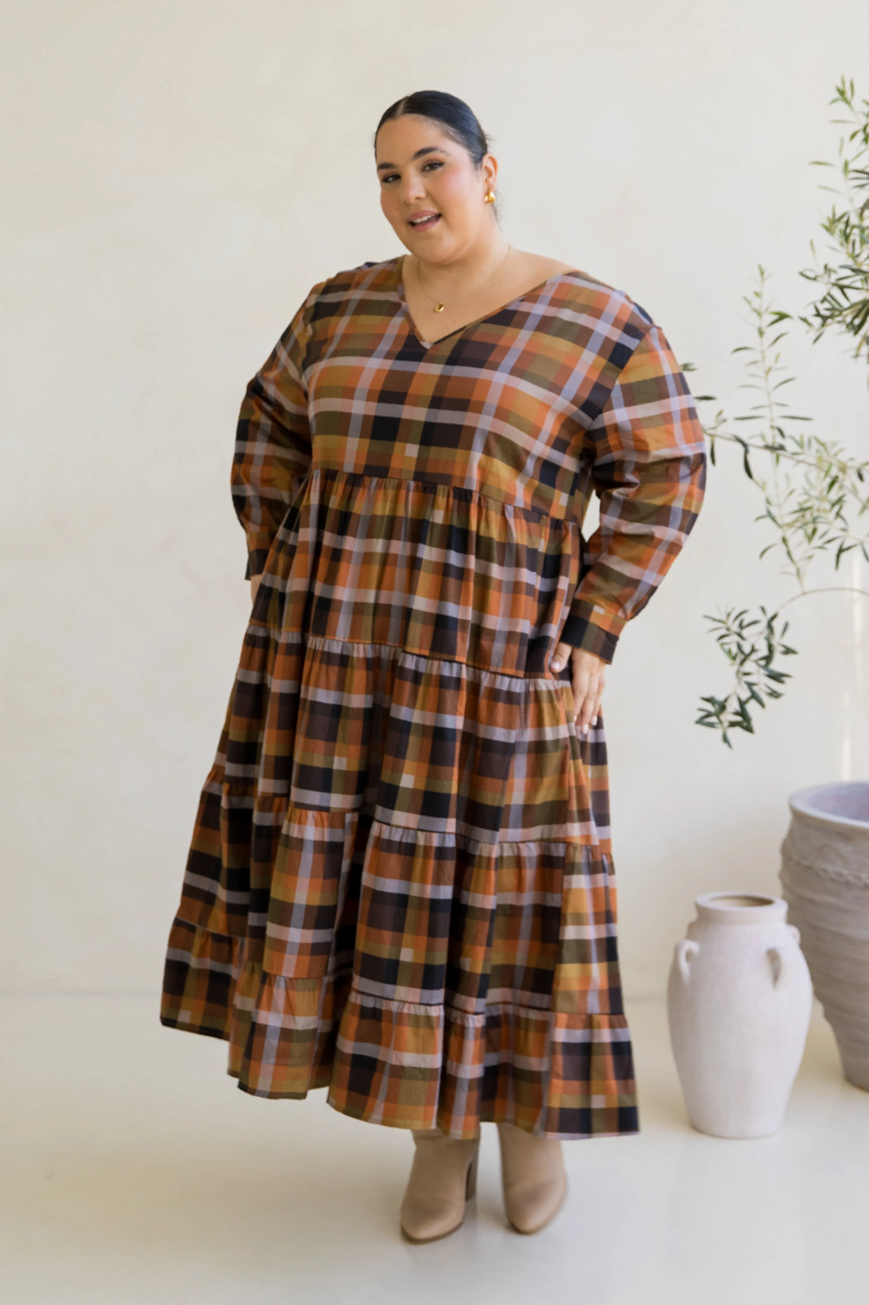 Long Sleeve Waterfall Dress in Fall Check