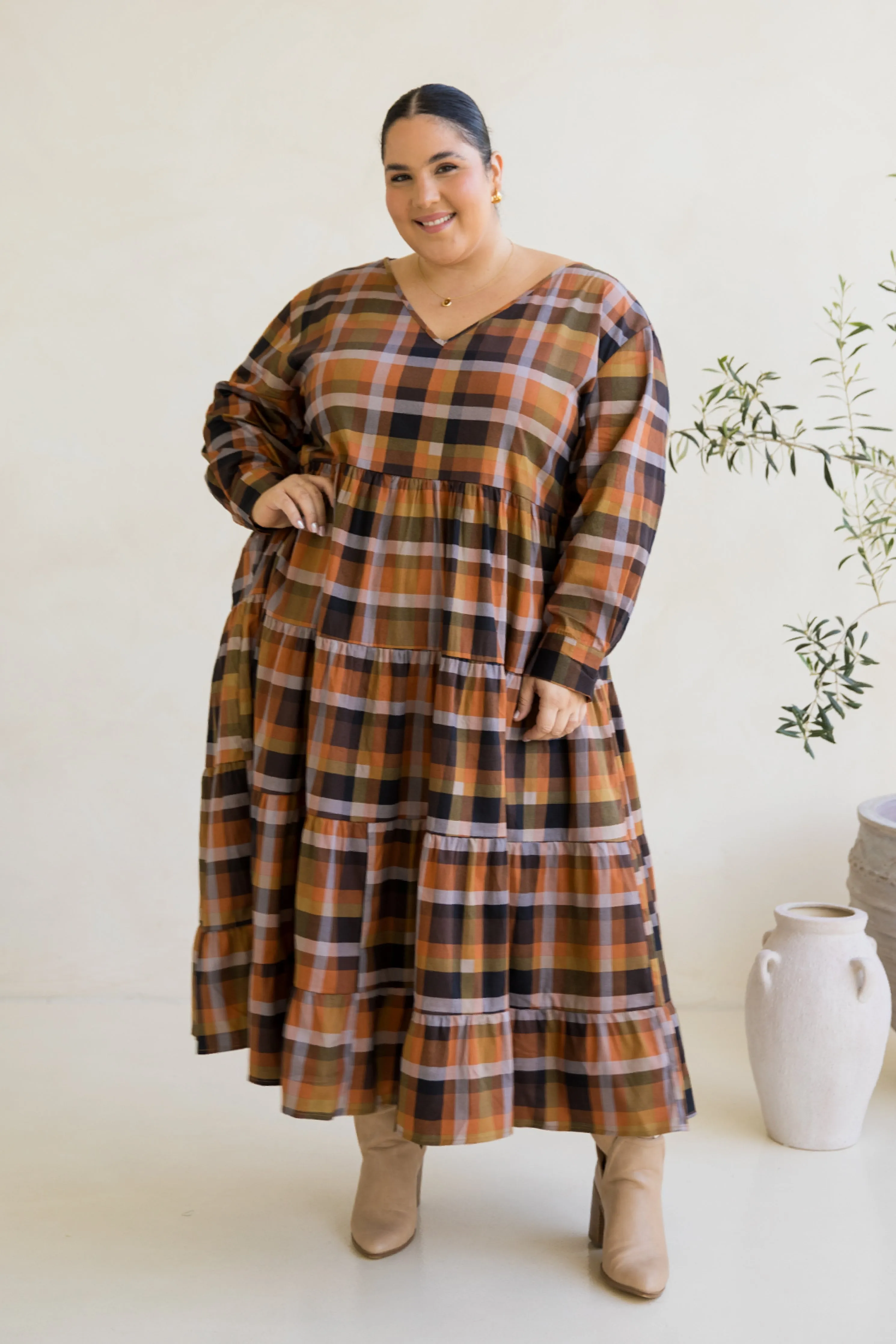 Long Sleeve Waterfall Dress in Fall Check