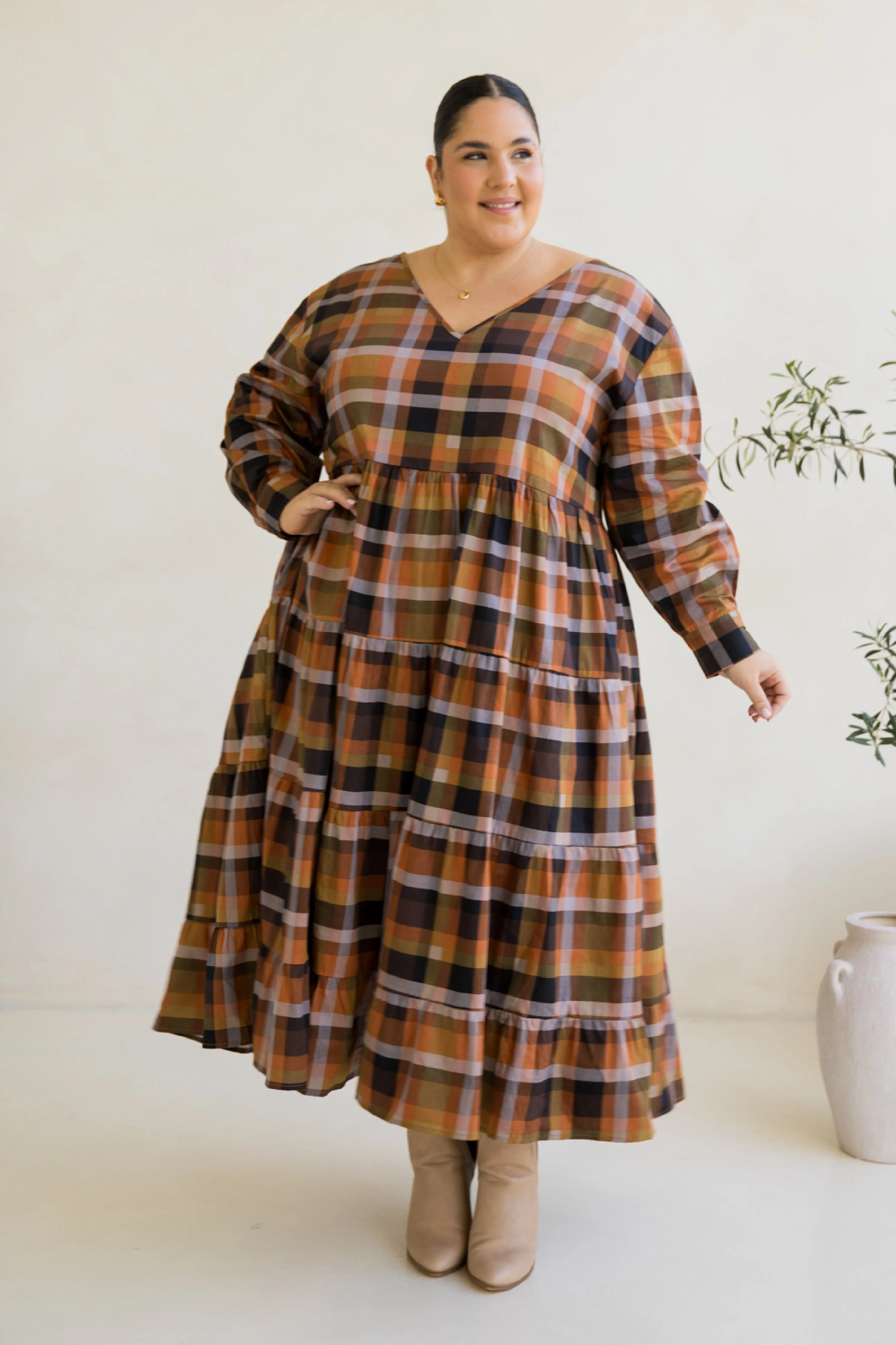 Long Sleeve Waterfall Dress in Fall Check