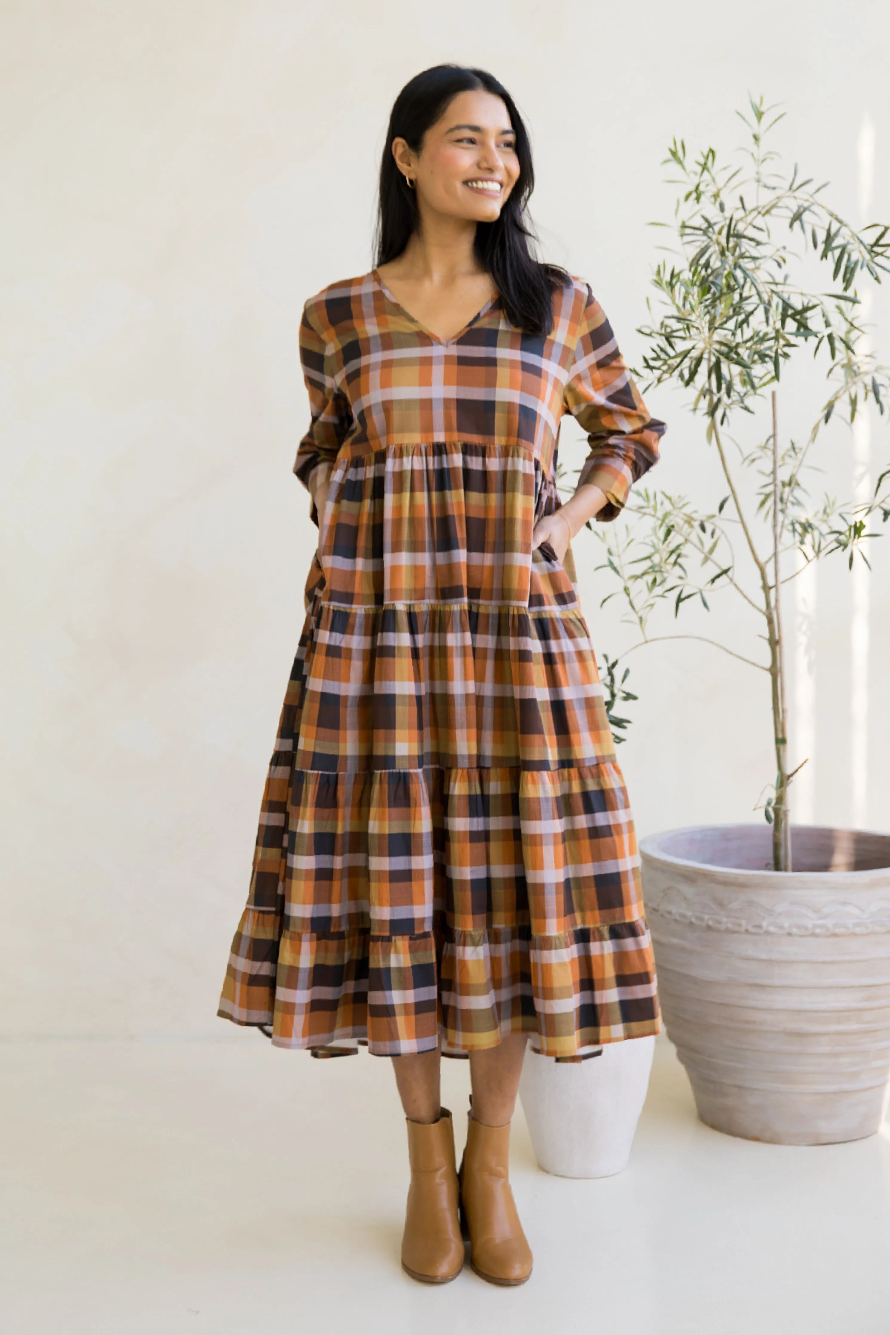 Long Sleeve Waterfall Dress in Fall Check