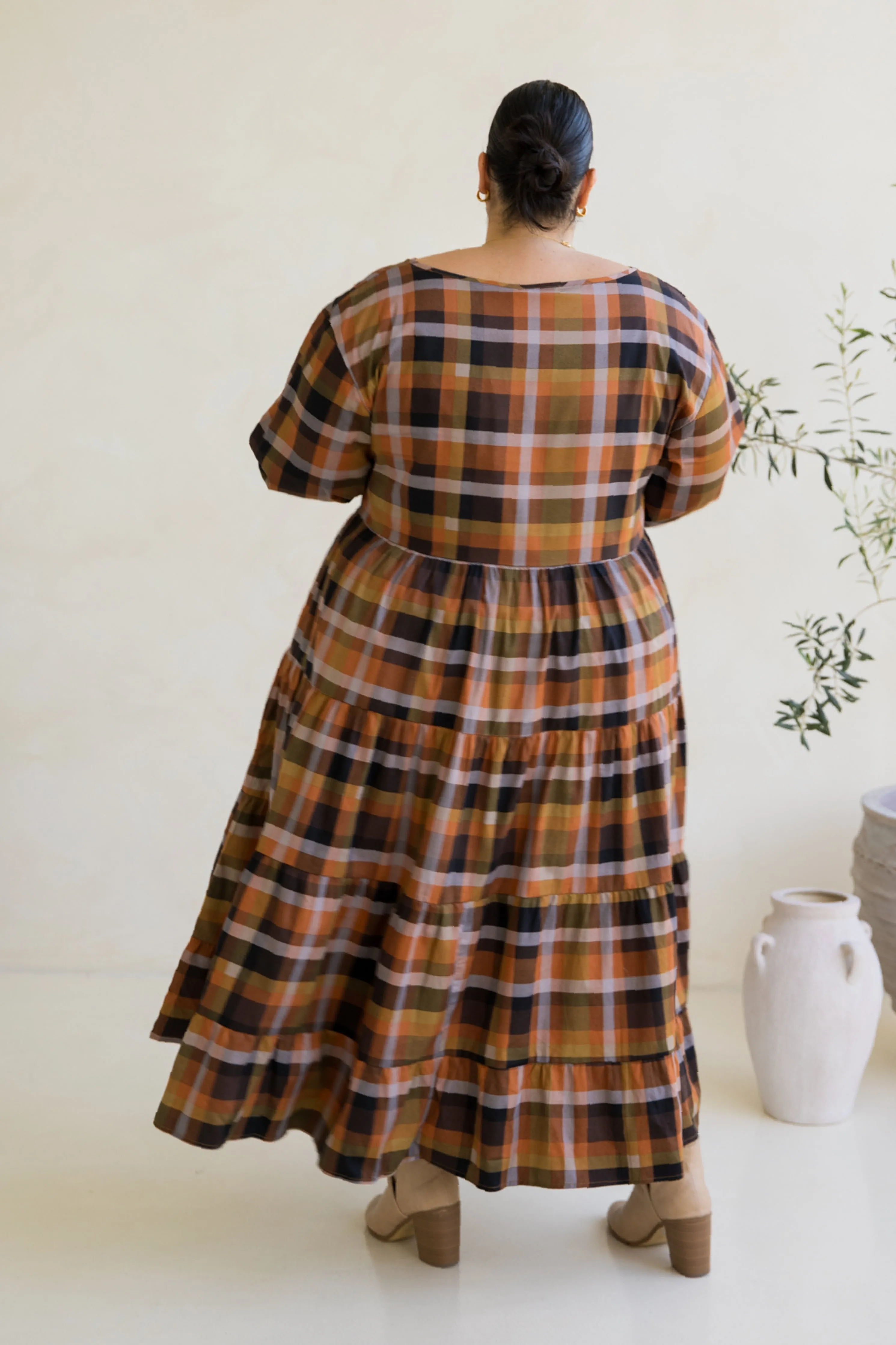 Long Sleeve Waterfall Dress in Fall Check