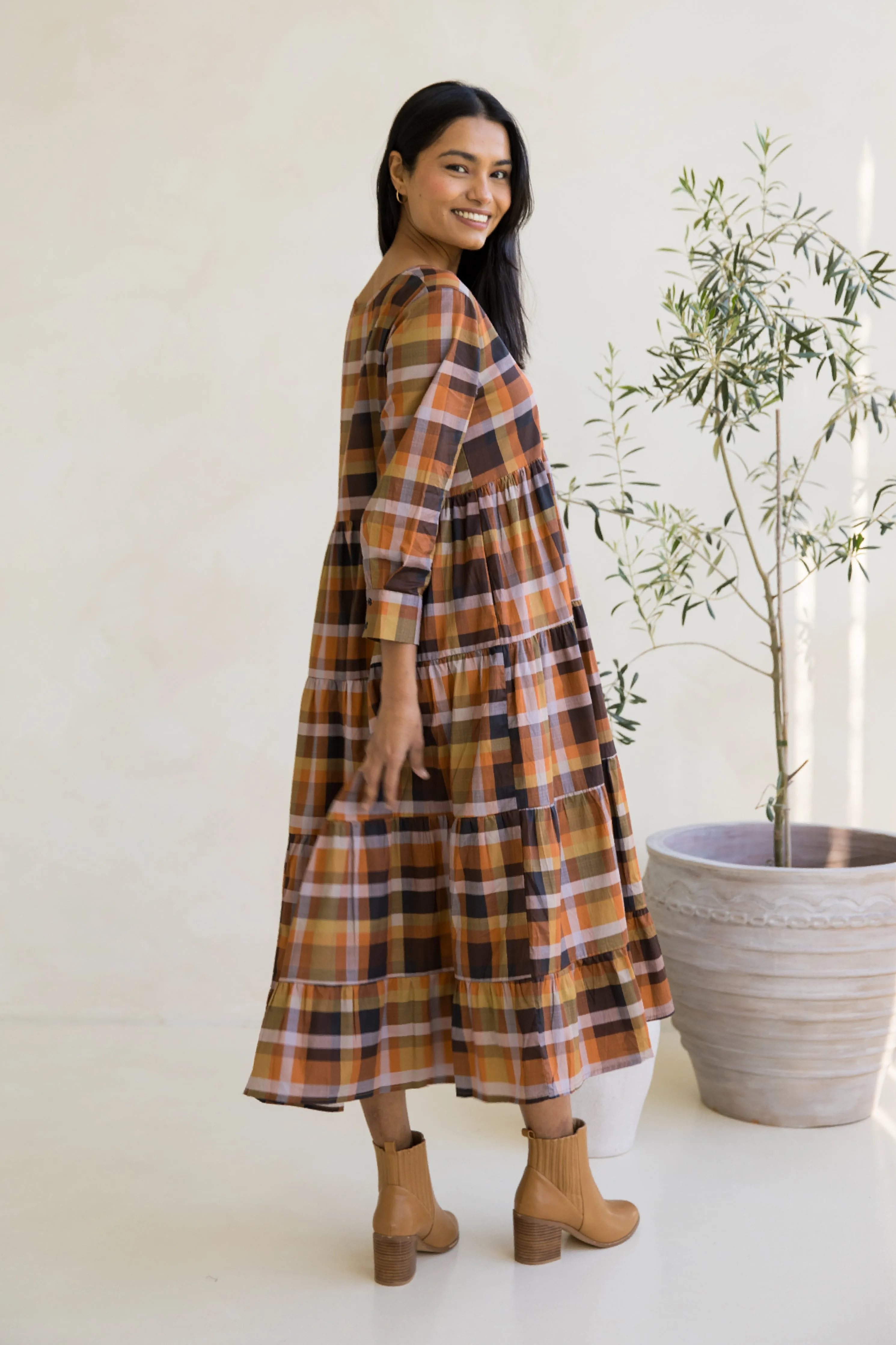 Long Sleeve Waterfall Dress in Fall Check