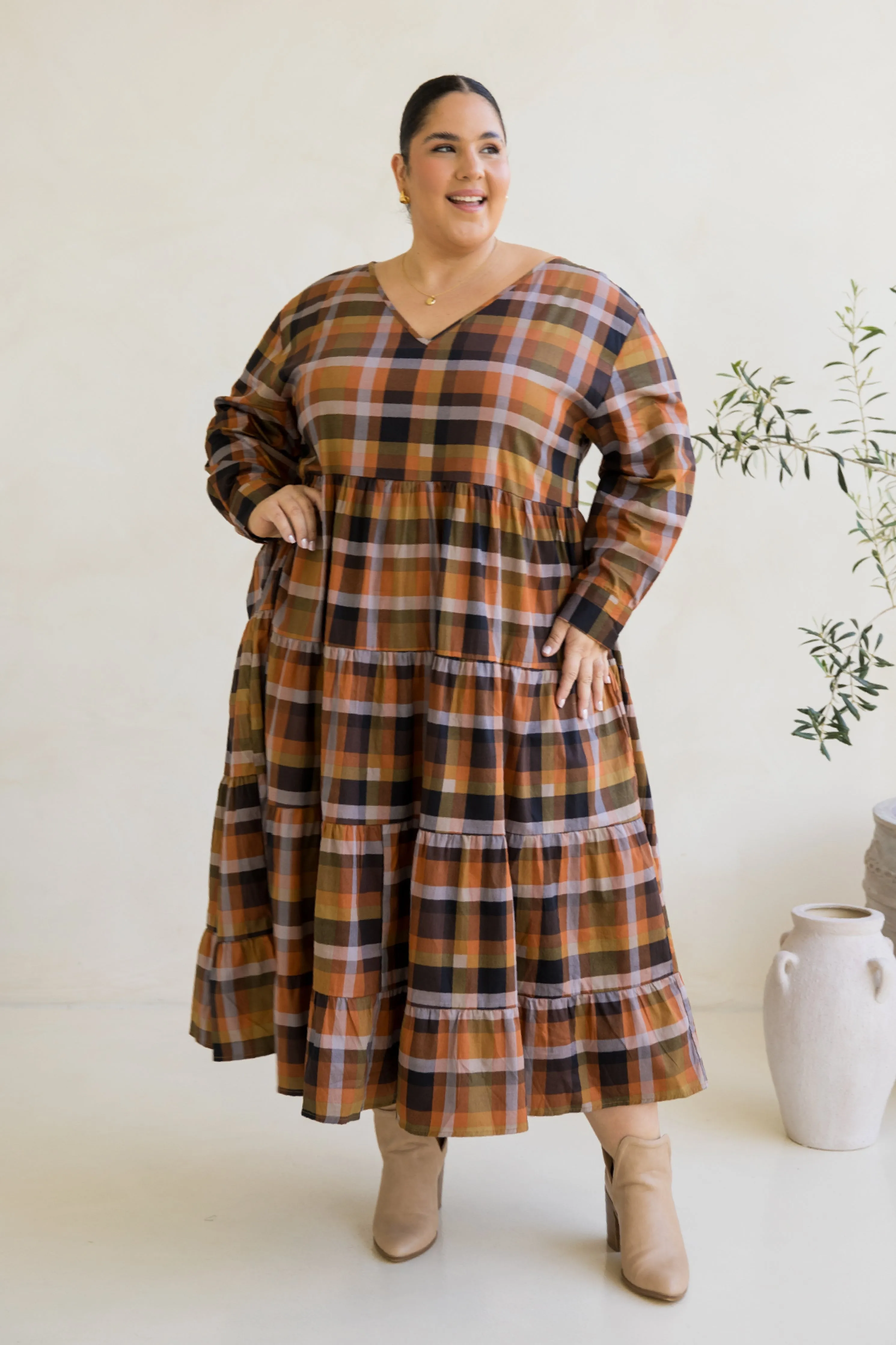 Long Sleeve Waterfall Dress in Fall Check