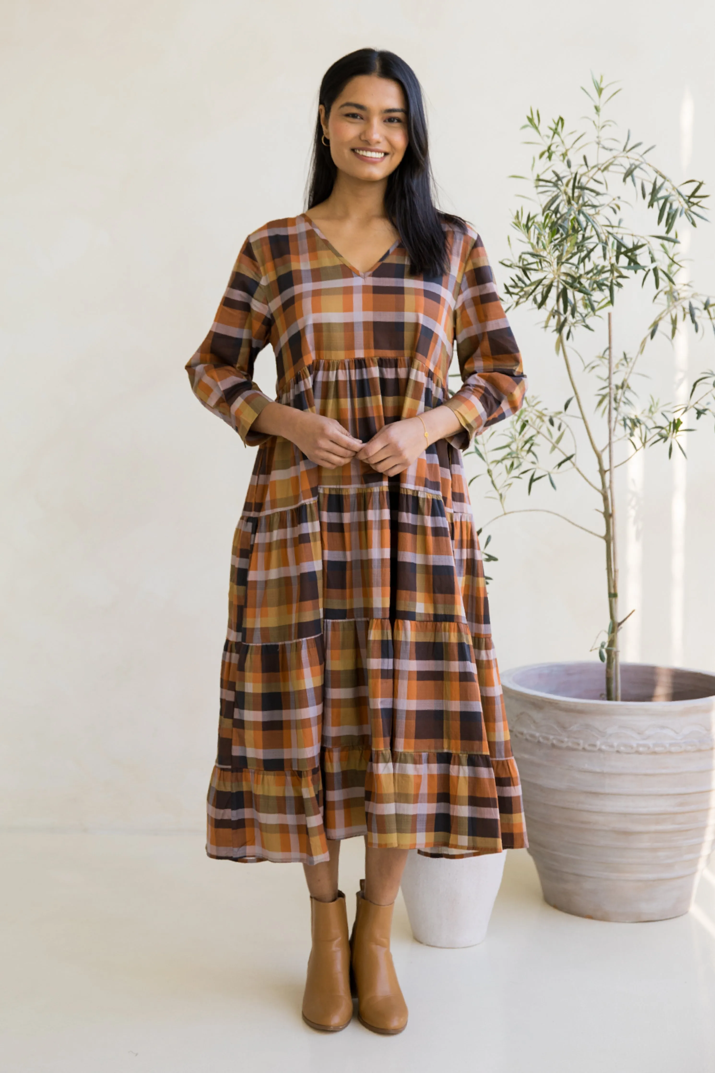 Long Sleeve Waterfall Dress in Fall Check