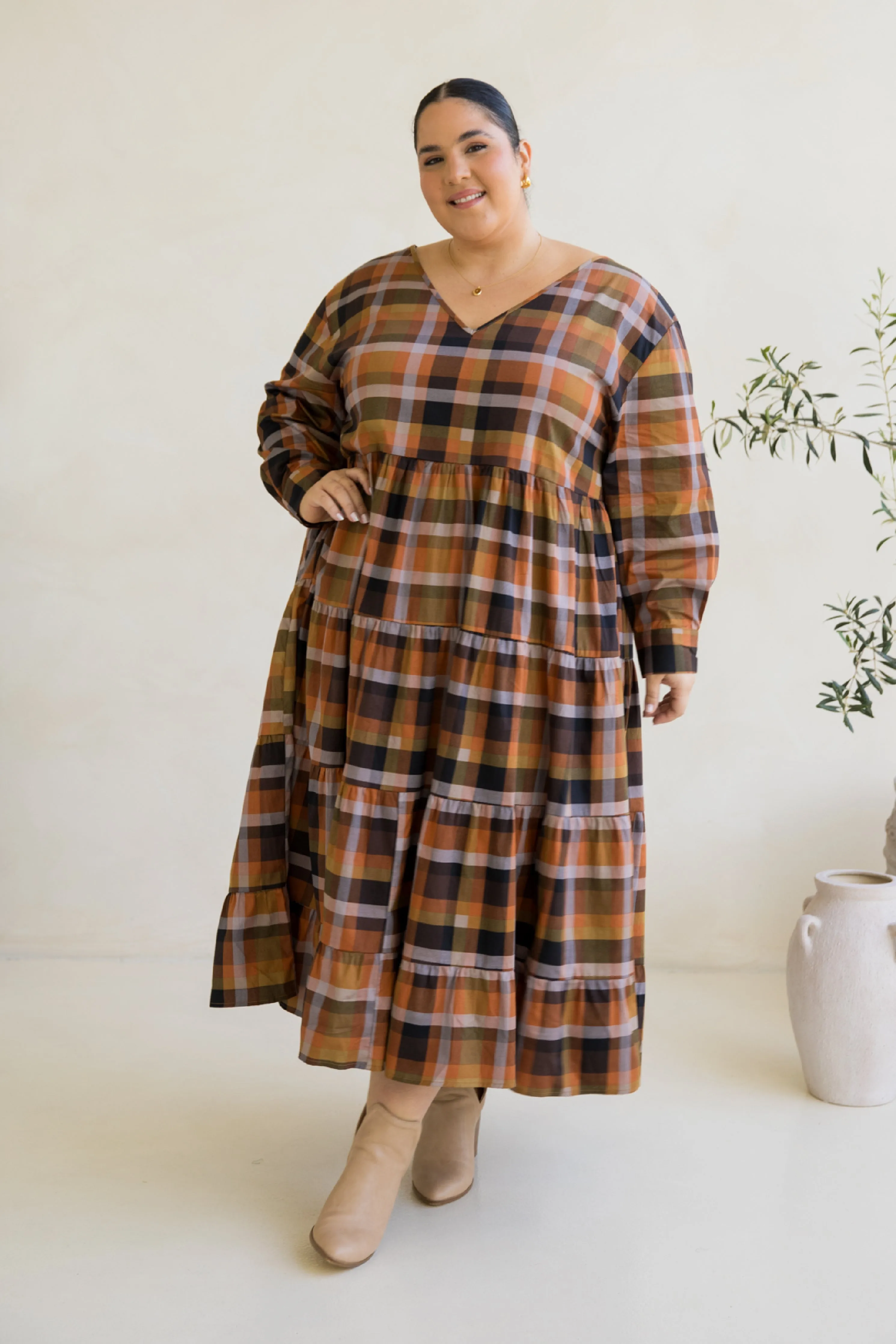 Long Sleeve Waterfall Dress in Fall Check