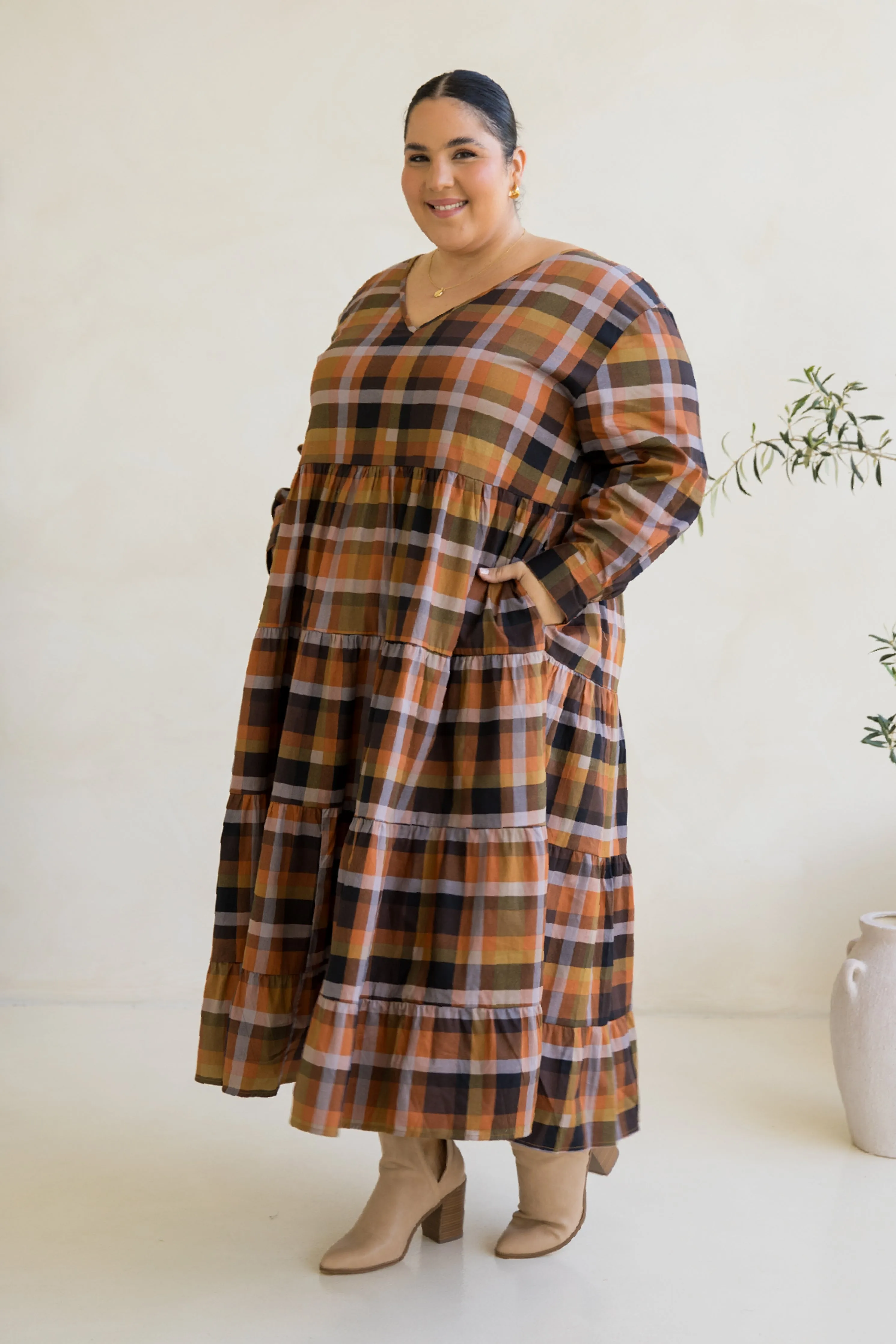 Long Sleeve Waterfall Dress in Fall Check