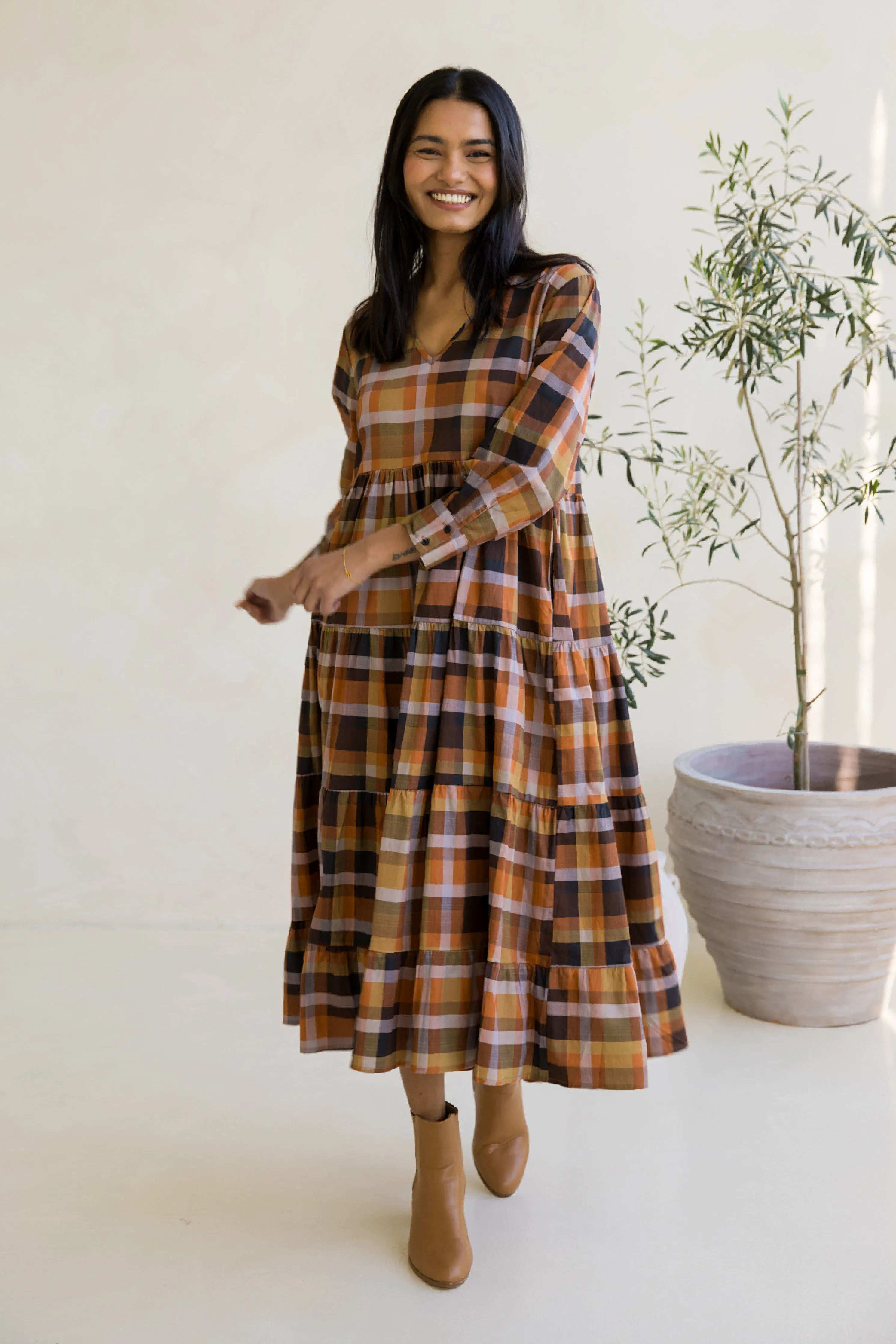 Long Sleeve Waterfall Dress in Fall Check