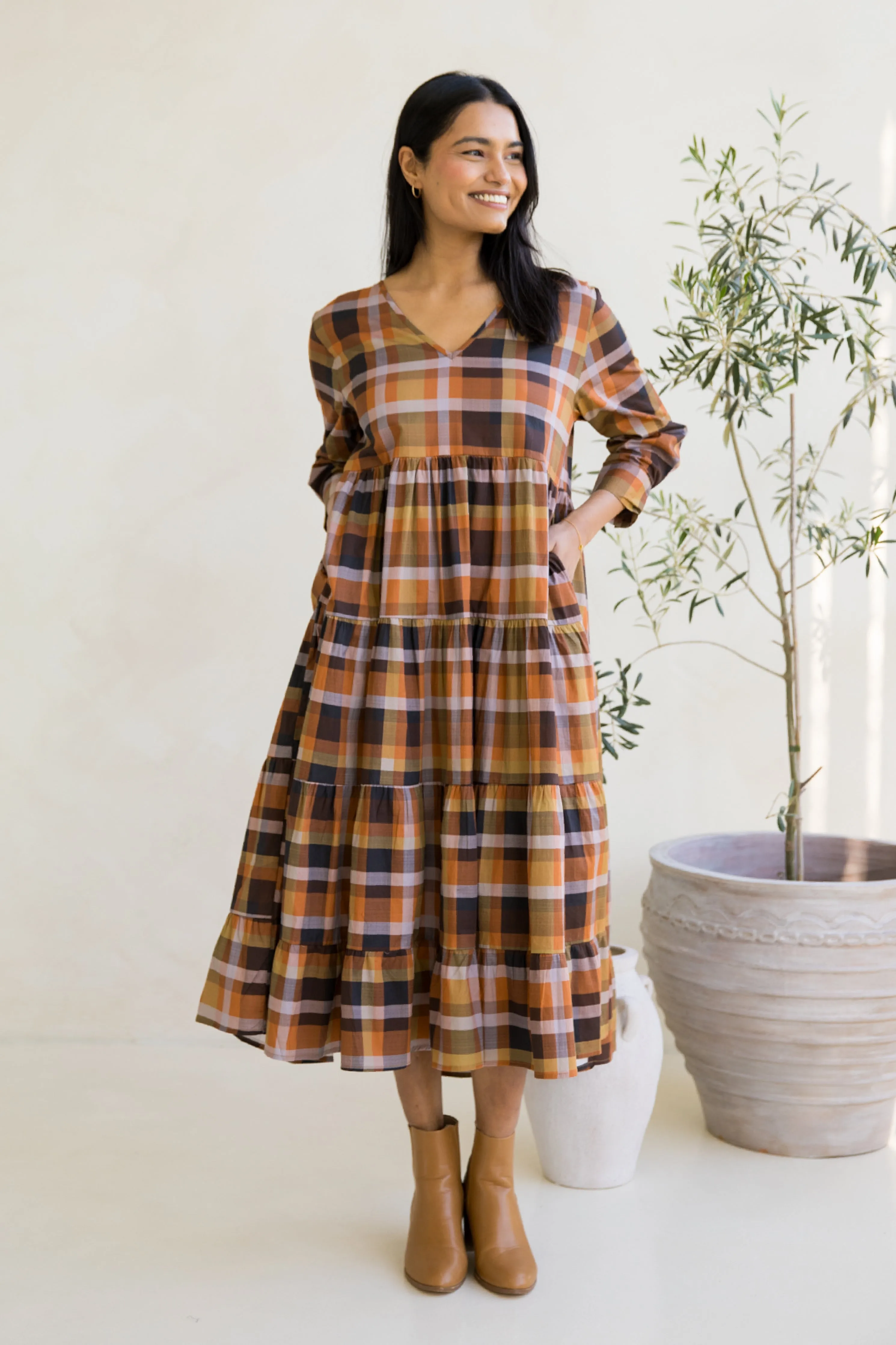 Long Sleeve Waterfall Dress in Fall Check