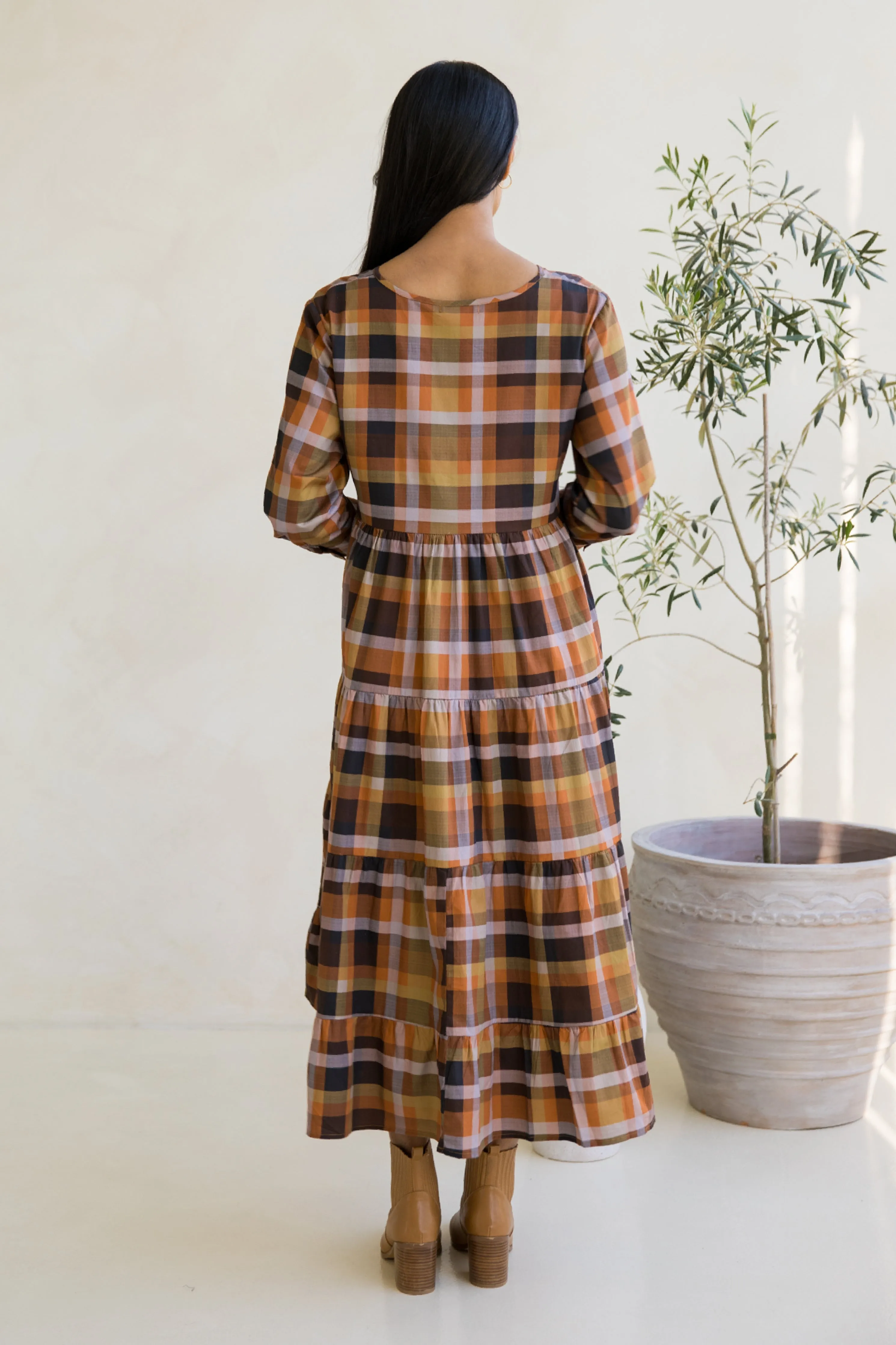 Long Sleeve Waterfall Dress in Fall Check