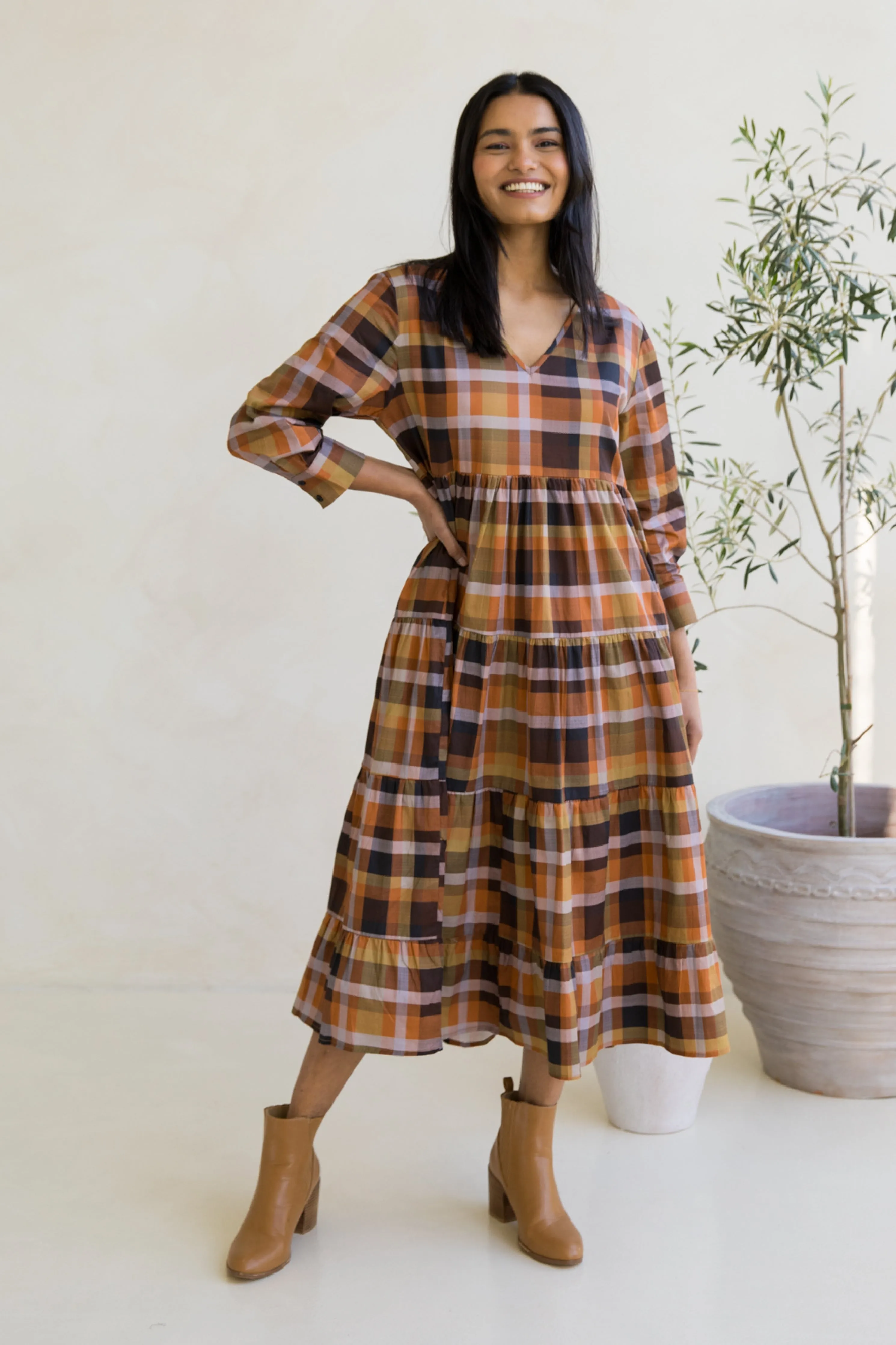 Long Sleeve Waterfall Dress in Fall Check