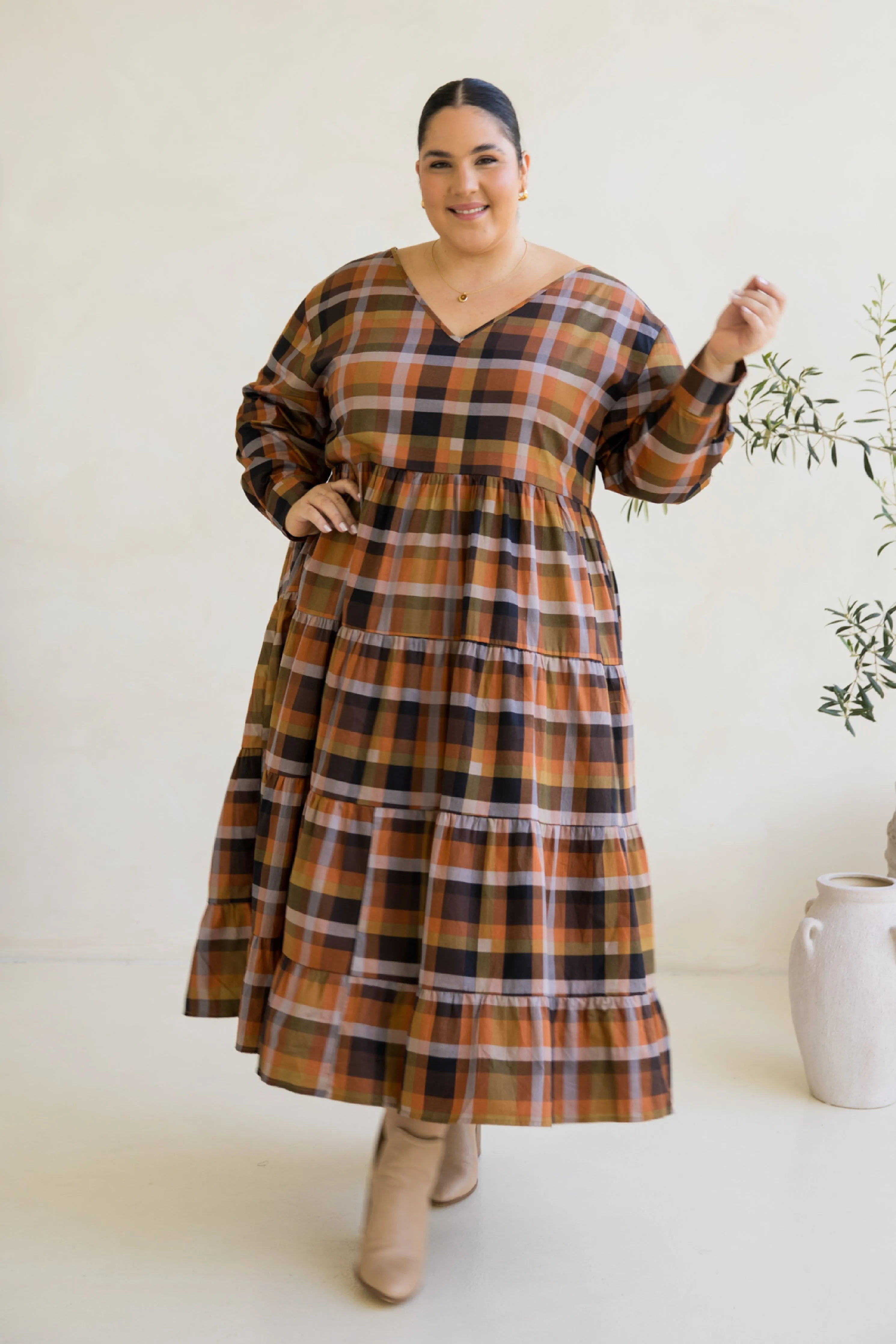 Long Sleeve Waterfall Dress in Fall Check