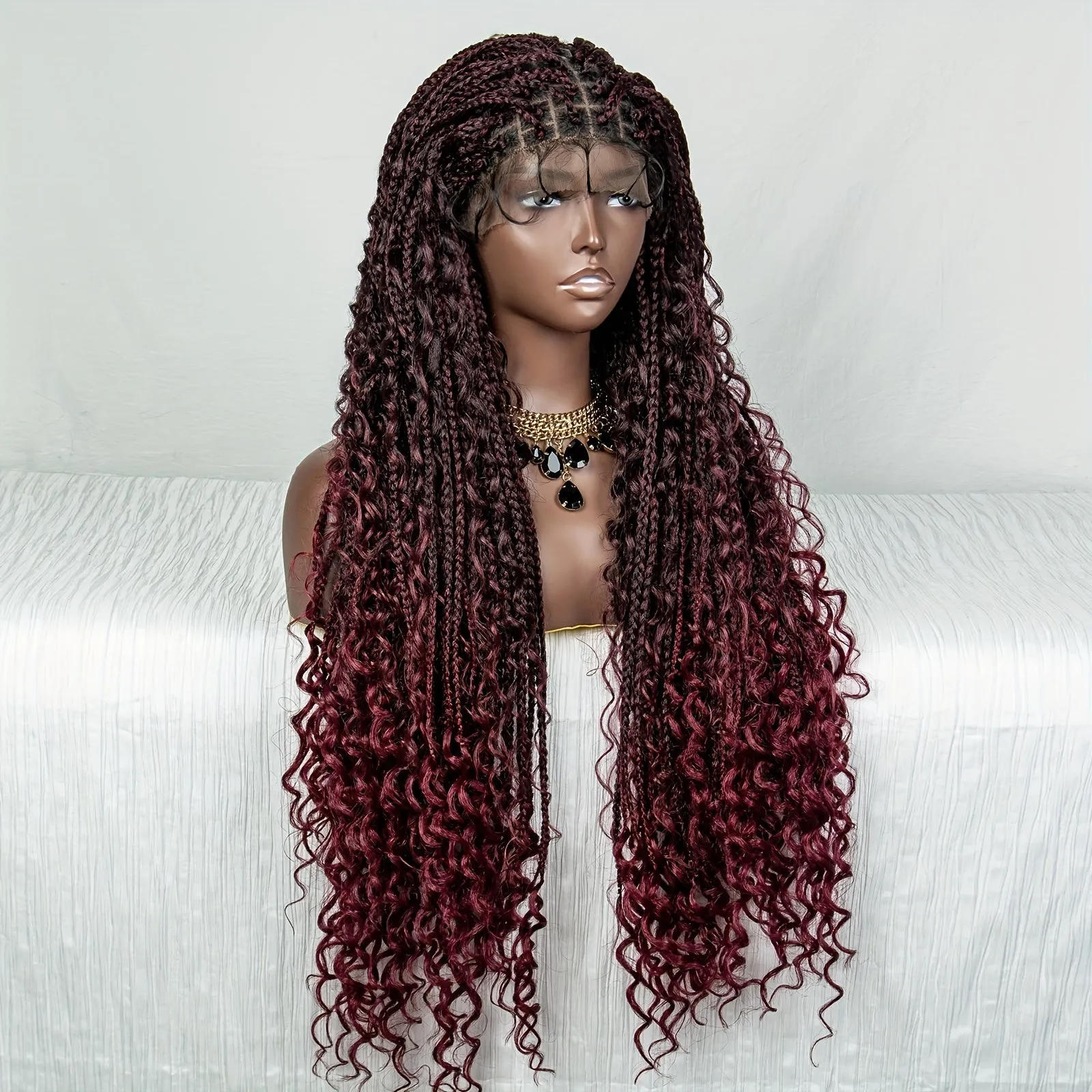 Luxurious Boho Box Braid Wigs - Knotless Goddess Locs with Curly Ends - Double Full Lace Synthetic Wig for Women - Effortless Style-Ready, Natural-Looking, Square Cap Design, Secure Fit, Black