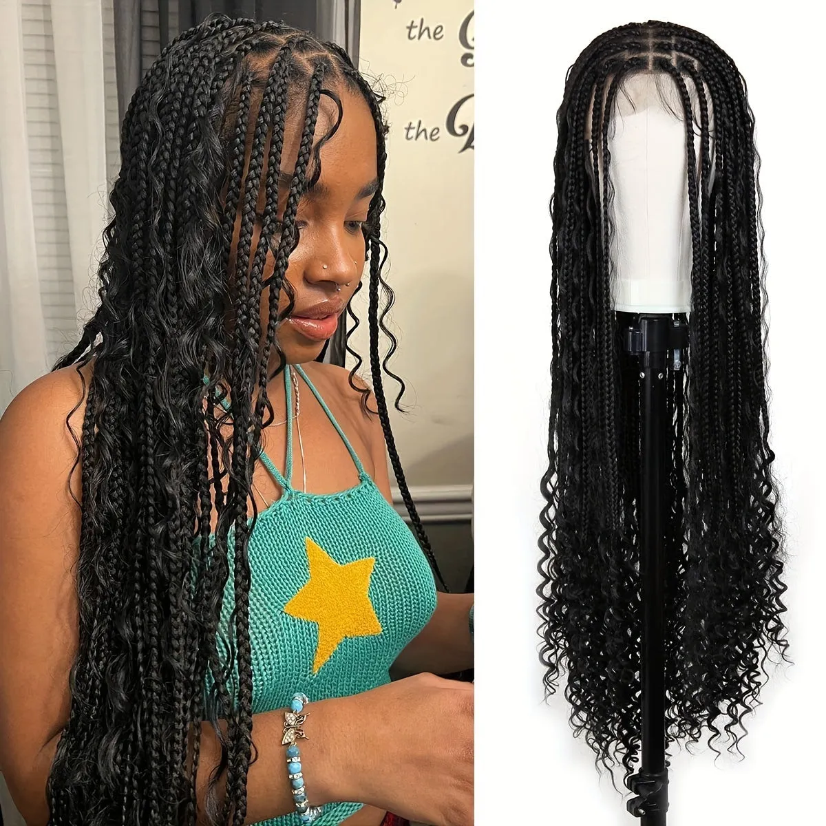 Luxurious Boho Box Braid Wigs - Knotless Goddess Locs with Curly Ends - Double Full Lace Synthetic Wig for Women - Effortless Style-Ready, Natural-Looking, Square Cap Design, Secure Fit, Black