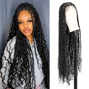 Luxurious Boho Box Braid Wigs - Knotless Goddess Locs with Curly Ends - Double Full Lace Synthetic Wig for Women - Effortless Style-Ready, Natural-Looking, Square Cap Design, Secure Fit, Black
