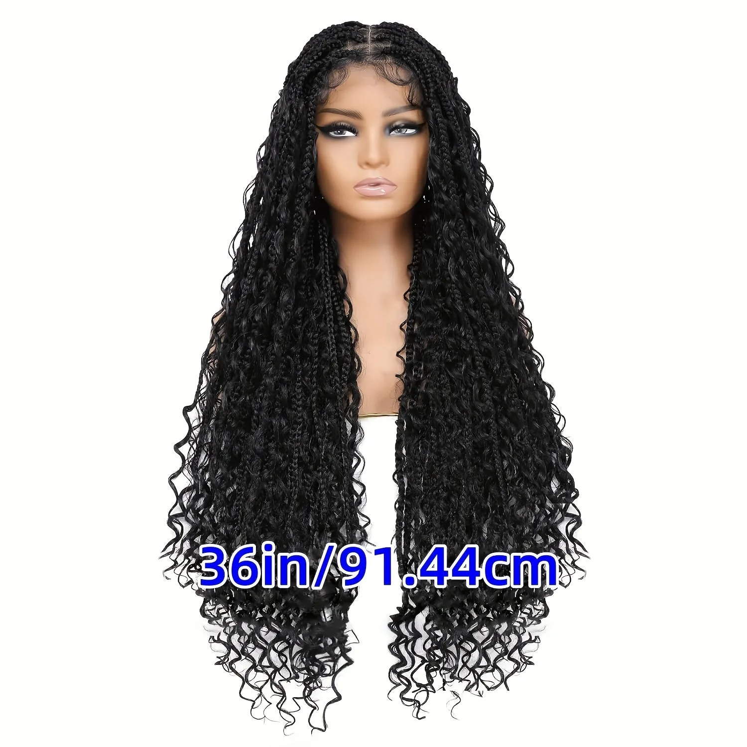 Luxurious Boho Box Braid Wigs - Knotless Goddess Locs with Curly Ends - Double Full Lace Synthetic Wig for Women - Effortless Style-Ready, Natural-Looking, Square Cap Design, Secure Fit, Black