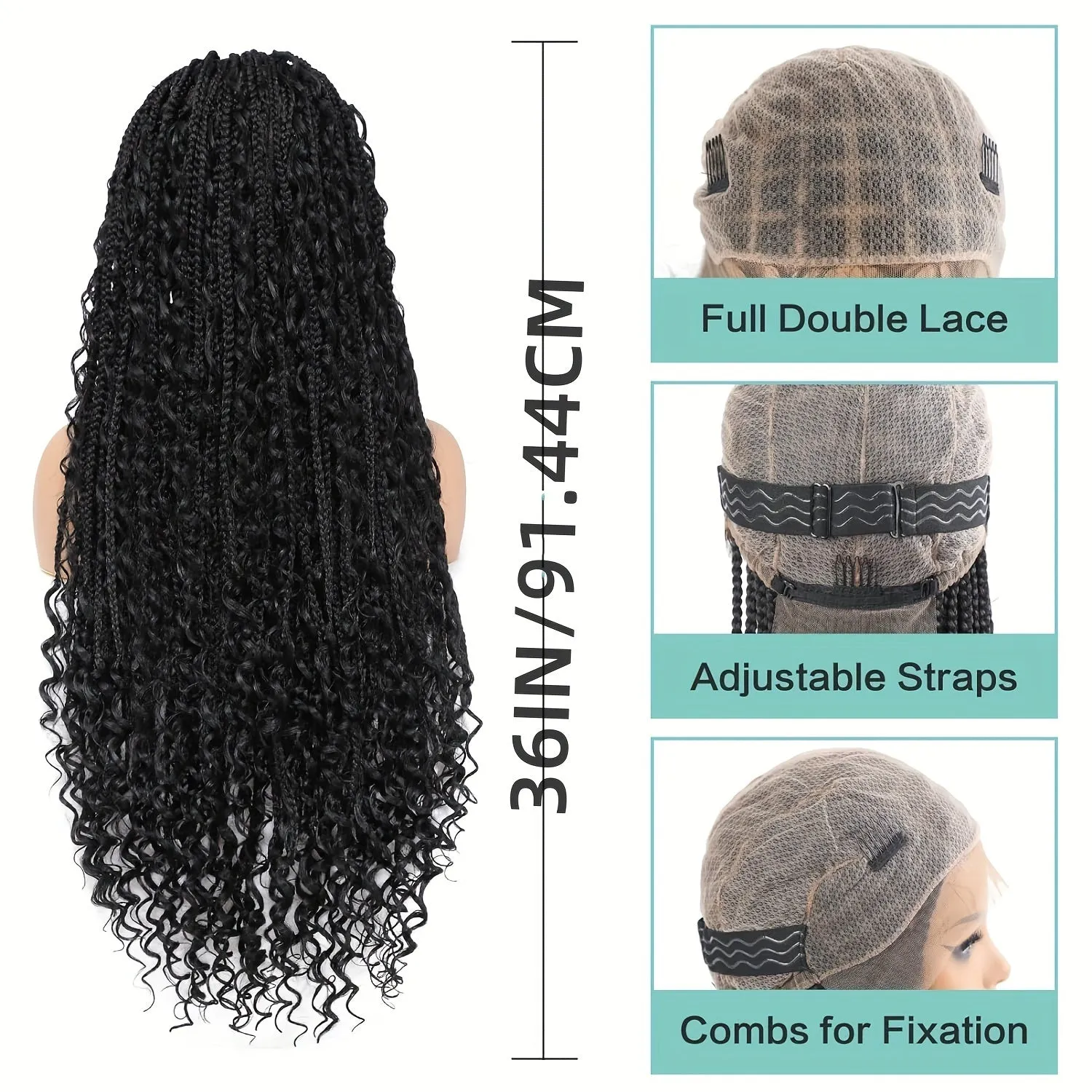 Luxurious Boho Box Braid Wigs - Knotless Goddess Locs with Curly Ends - Double Full Lace Synthetic Wig for Women - Effortless Style-Ready, Natural-Looking, Square Cap Design, Secure Fit, Black