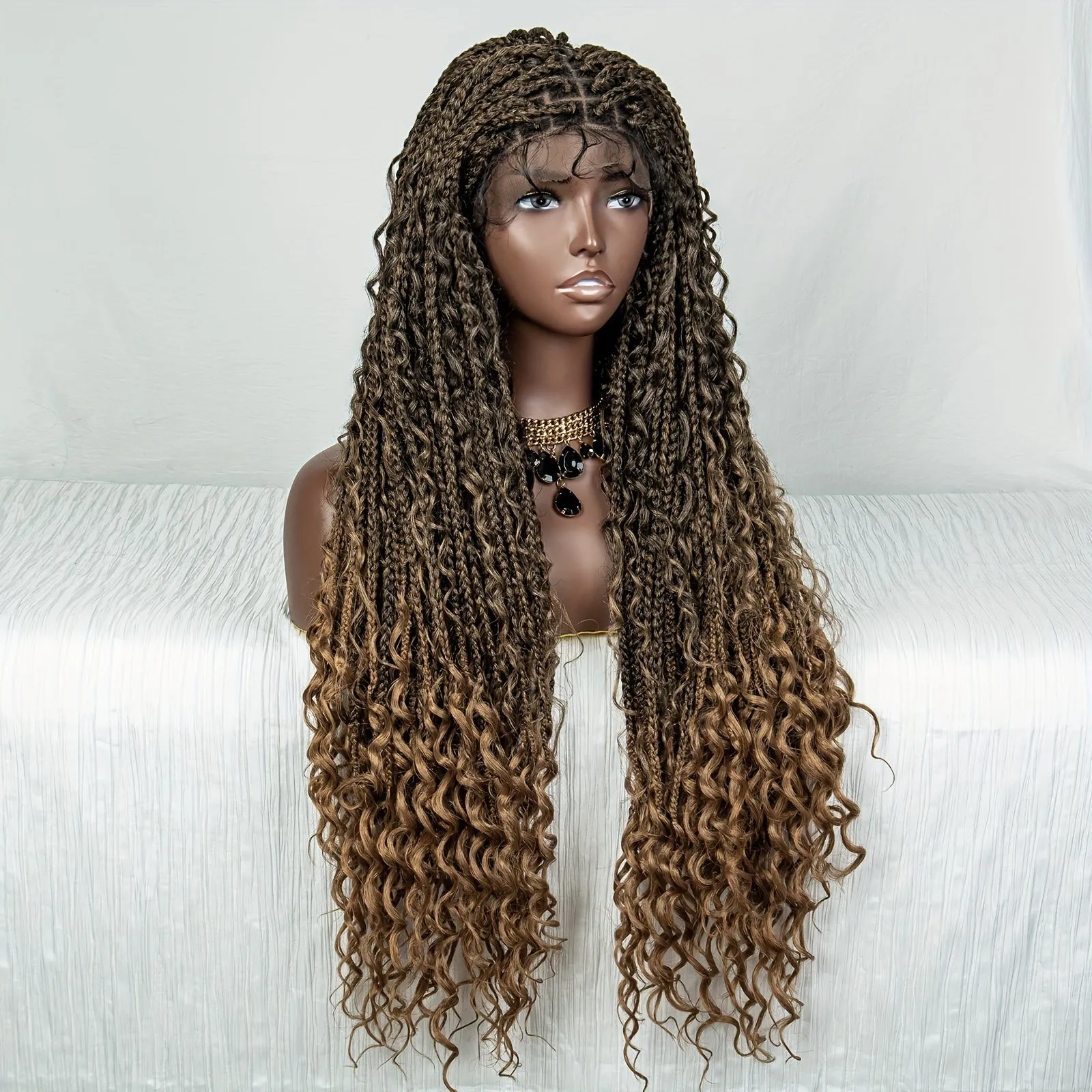 Luxurious Boho Box Braid Wigs - Knotless Goddess Locs with Curly Ends - Double Full Lace Synthetic Wig for Women - Effortless Style-Ready, Natural-Looking, Square Cap Design, Secure Fit, Black