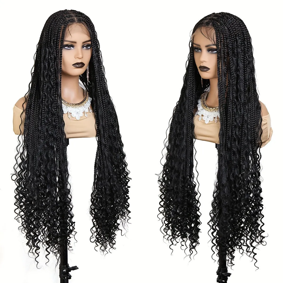 Luxurious Boho Box Braid Wigs - Knotless Goddess Locs with Curly Ends - Double Full Lace Synthetic Wig for Women - Effortless Style-Ready, Natural-Looking, Square Cap Design, Secure Fit, Black