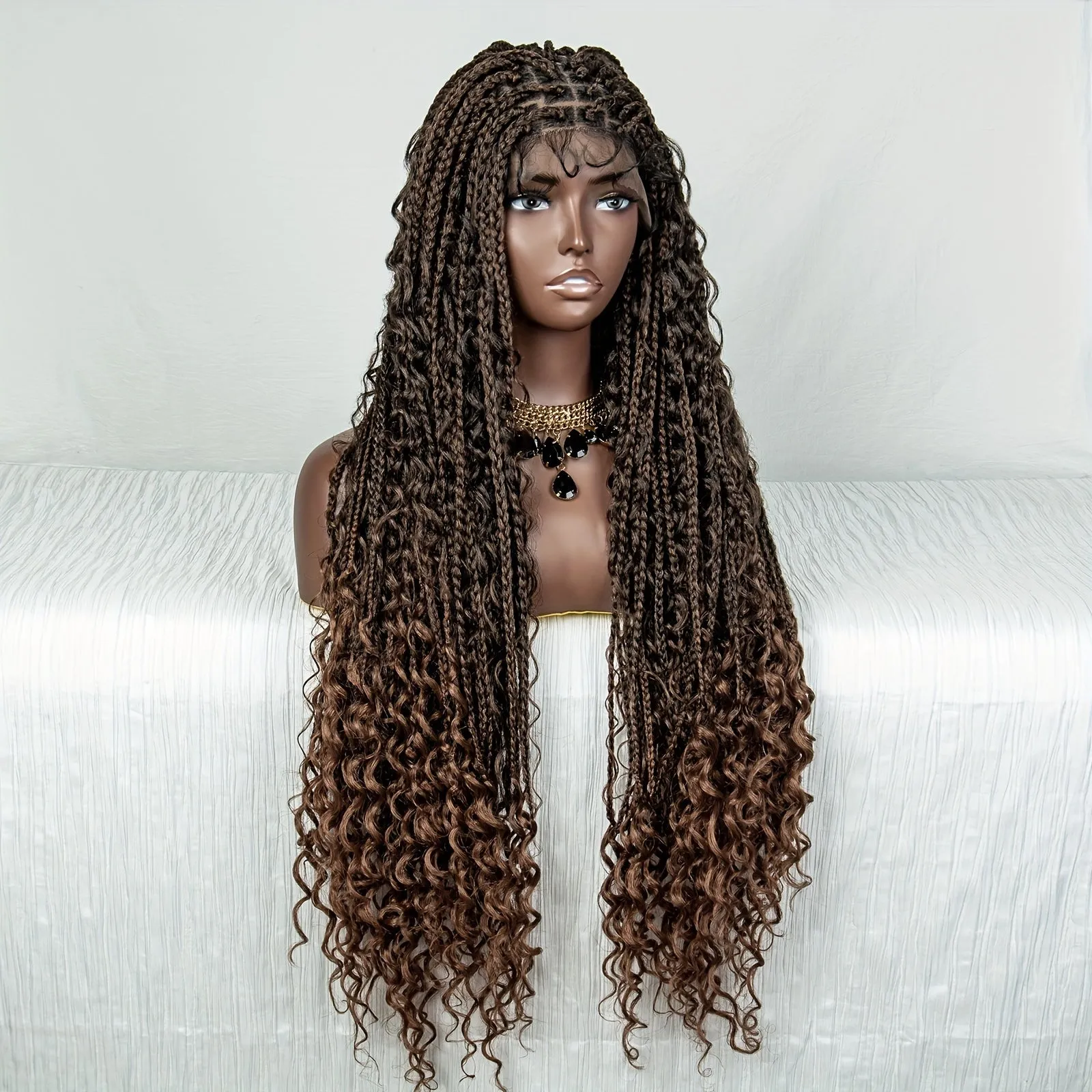 Luxurious Boho Box Braid Wigs - Knotless Goddess Locs with Curly Ends - Double Full Lace Synthetic Wig for Women - Effortless Style-Ready, Natural-Looking, Square Cap Design, Secure Fit, Black