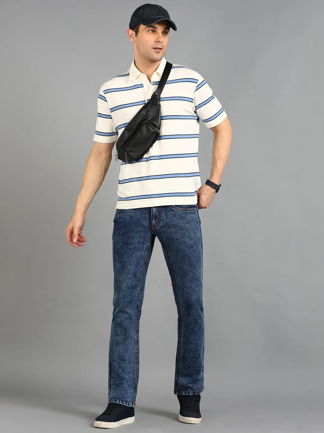 Men's Dark Blue Washed Bootcut Jeans Stretchable