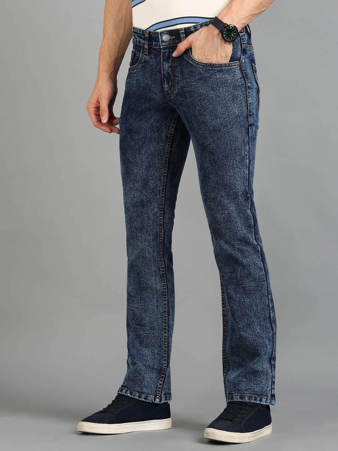 Men's Dark Blue Washed Bootcut Jeans Stretchable
