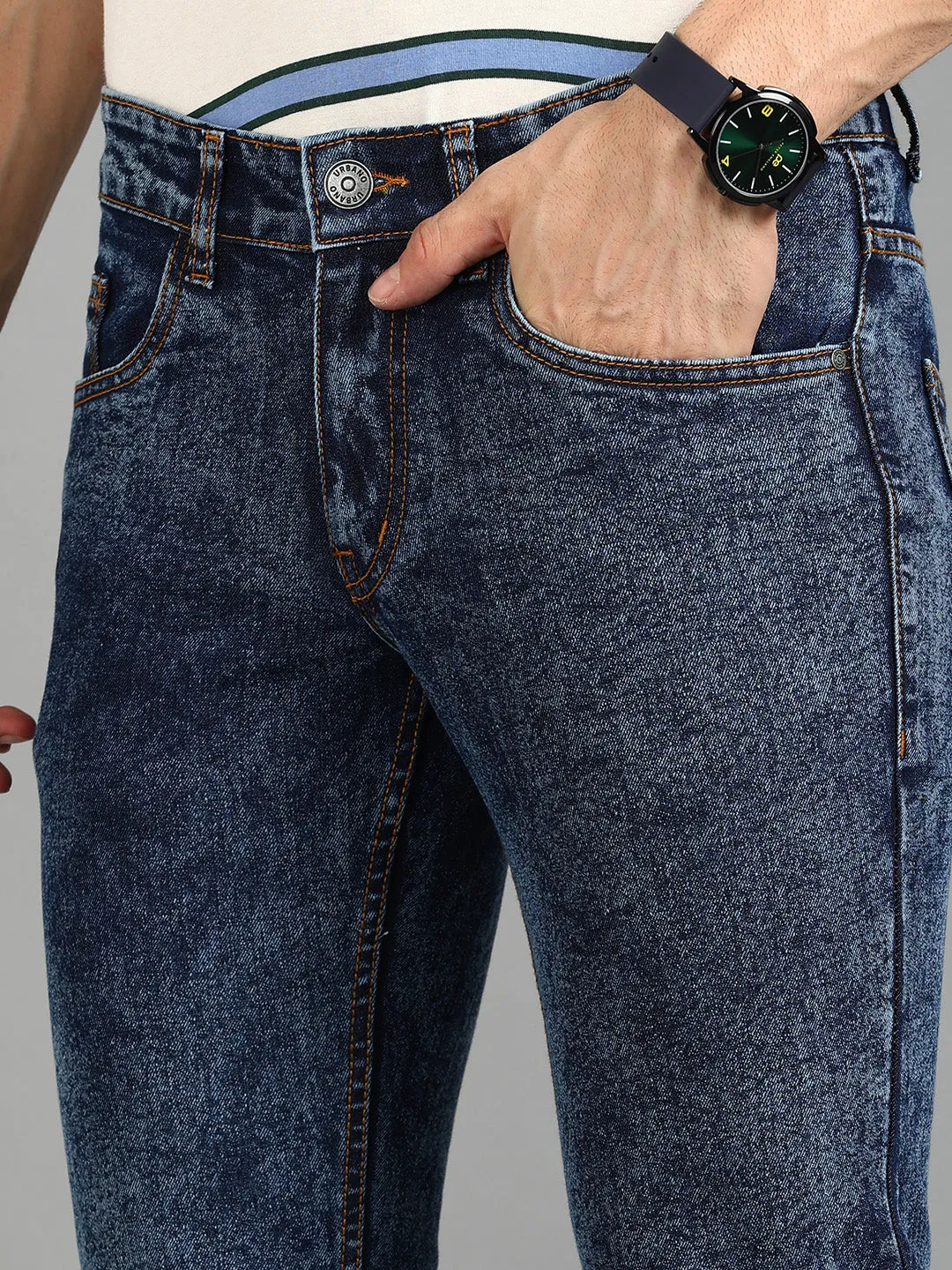 Men's Dark Blue Washed Bootcut Jeans Stretchable