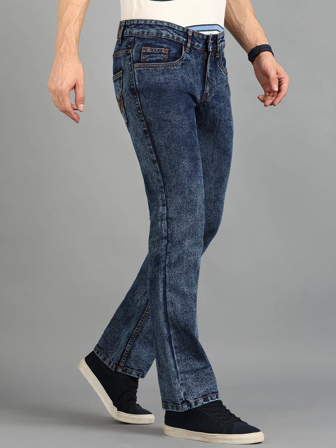 Men's Dark Blue Washed Bootcut Jeans Stretchable