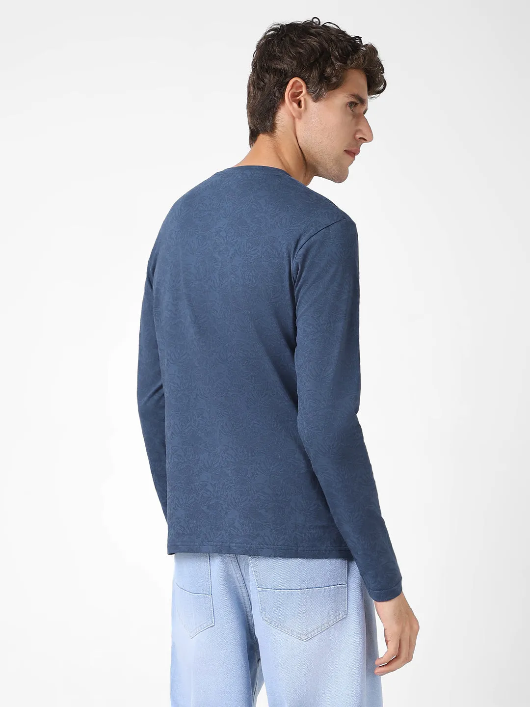 Men's Mood Indigo Printed Full Sleeve Slim Fit Cotton T-Shirt