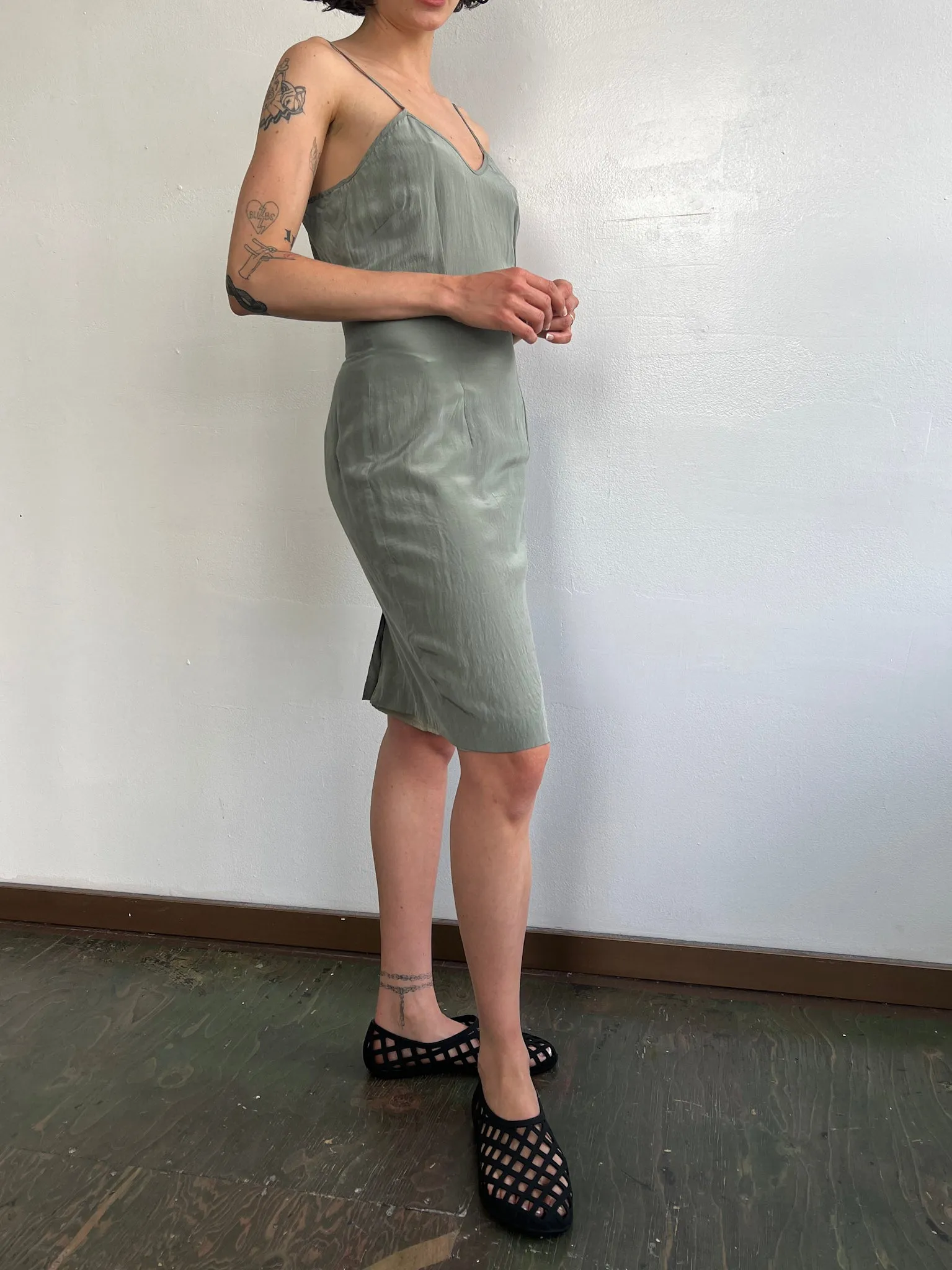 Sage Silk Spaghetti Strap Dress (S)